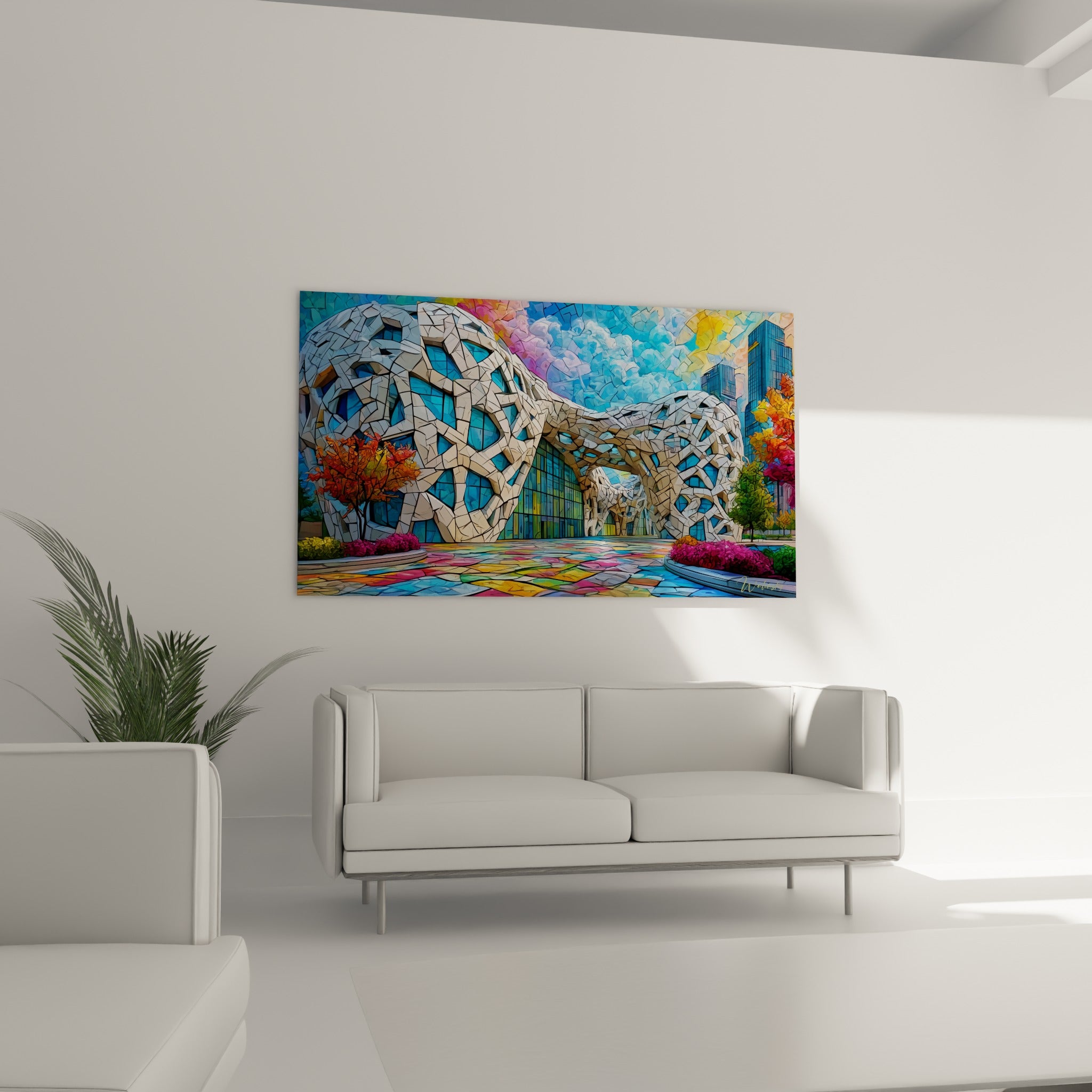 Bâtiment fragmenté en mosaïque blanche et bleue, arbres orangés en premier plan, au-dessus d'un canapé dans un salon lumineux
