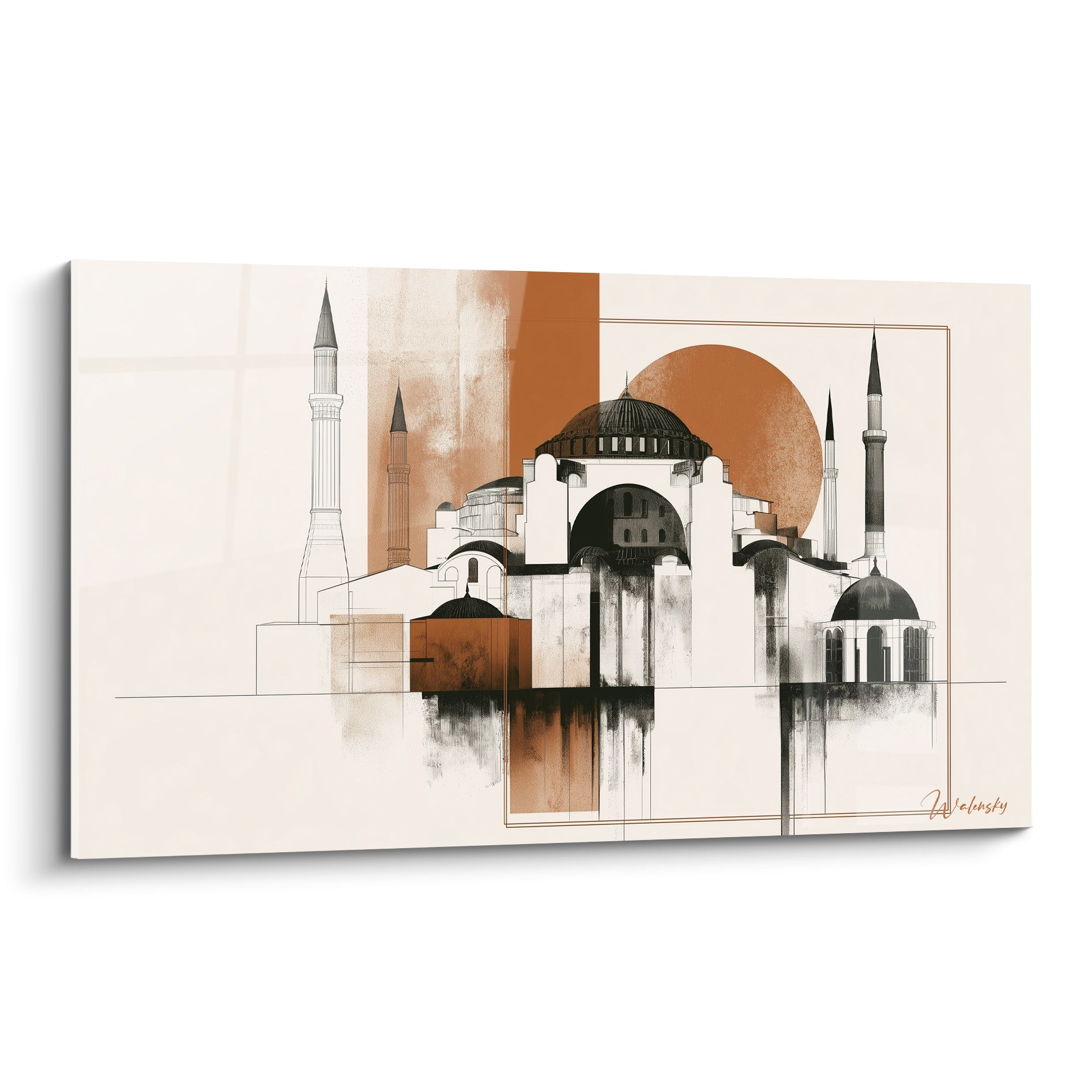 Mosquée aux dômes anthracite et soleil terracotta, minarets fins, style croquis architecture abstrait