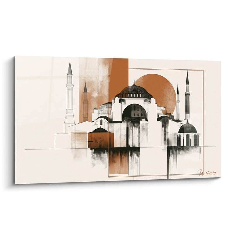 Tableau Mosquée aux minarets terracotta et anthracite - Silence millénaire - Edition Architecture abstrait