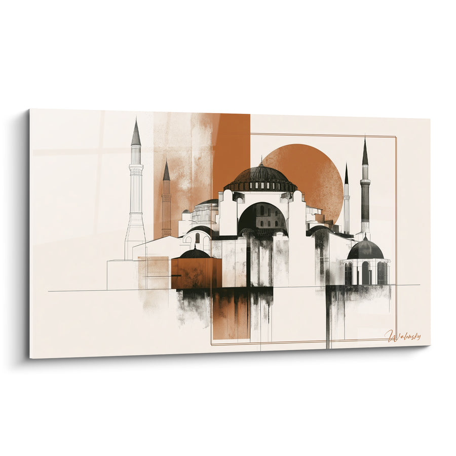 Tableau Mosquée aux minarets terracotta et anthracite - Silence millénaire - Edition Architecture abstrait