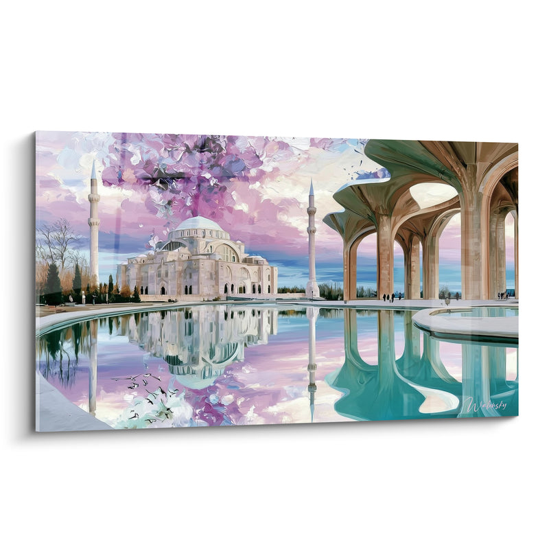 White Mosque Painting with Violet and Turquoise Reflections - Contemplative Dawn - Abstract Architecture Edition