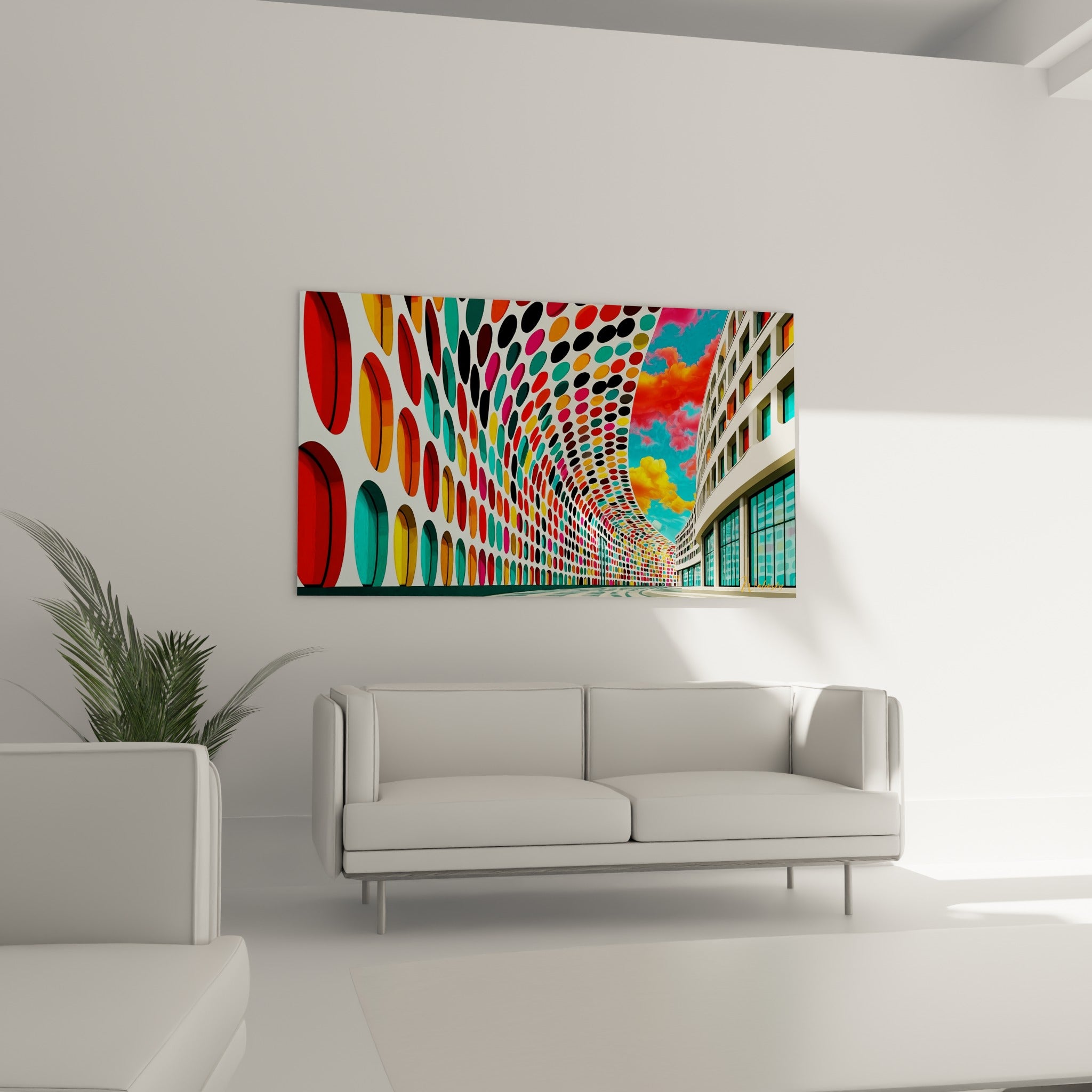 Pastilles noires et fuchsia formant une vague graphique, tableau architecture abstrait au-dessus d'un canapé dans un salon lumineux