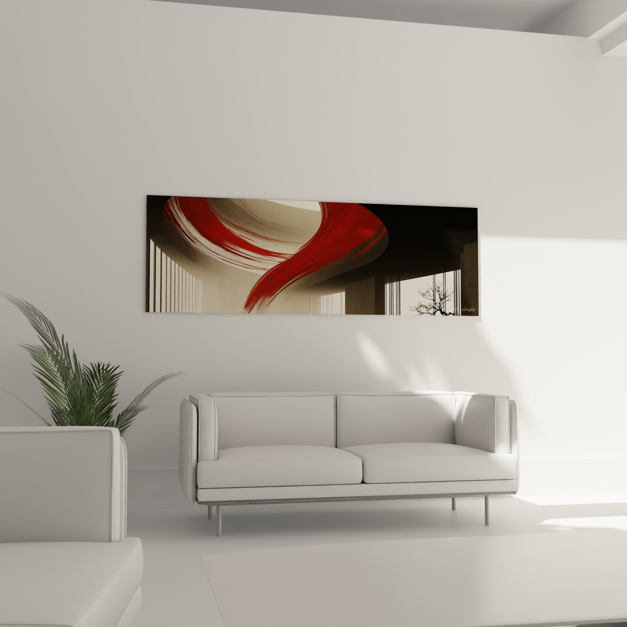 Mouvement rouge vif sur structure verticale ivoire et noire, tableau au-dessus d'un canapé dans un salon lumineux