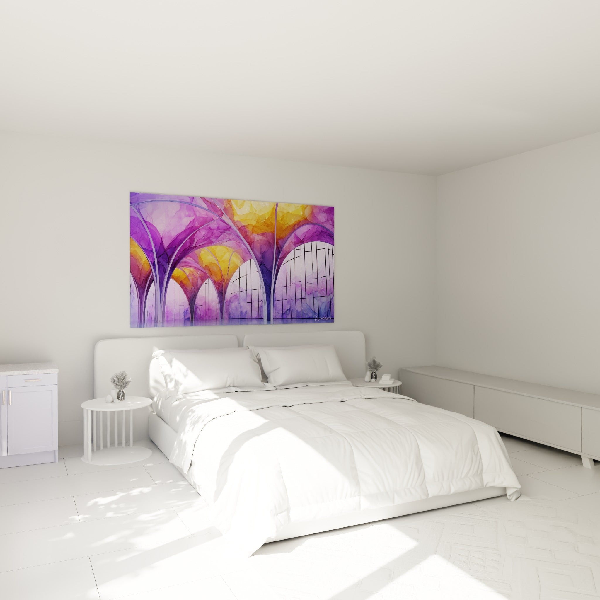 Nef architecturale violette et dorée, arches fluides en aquarelle, au-dessus d'un lit dans une chambre claire