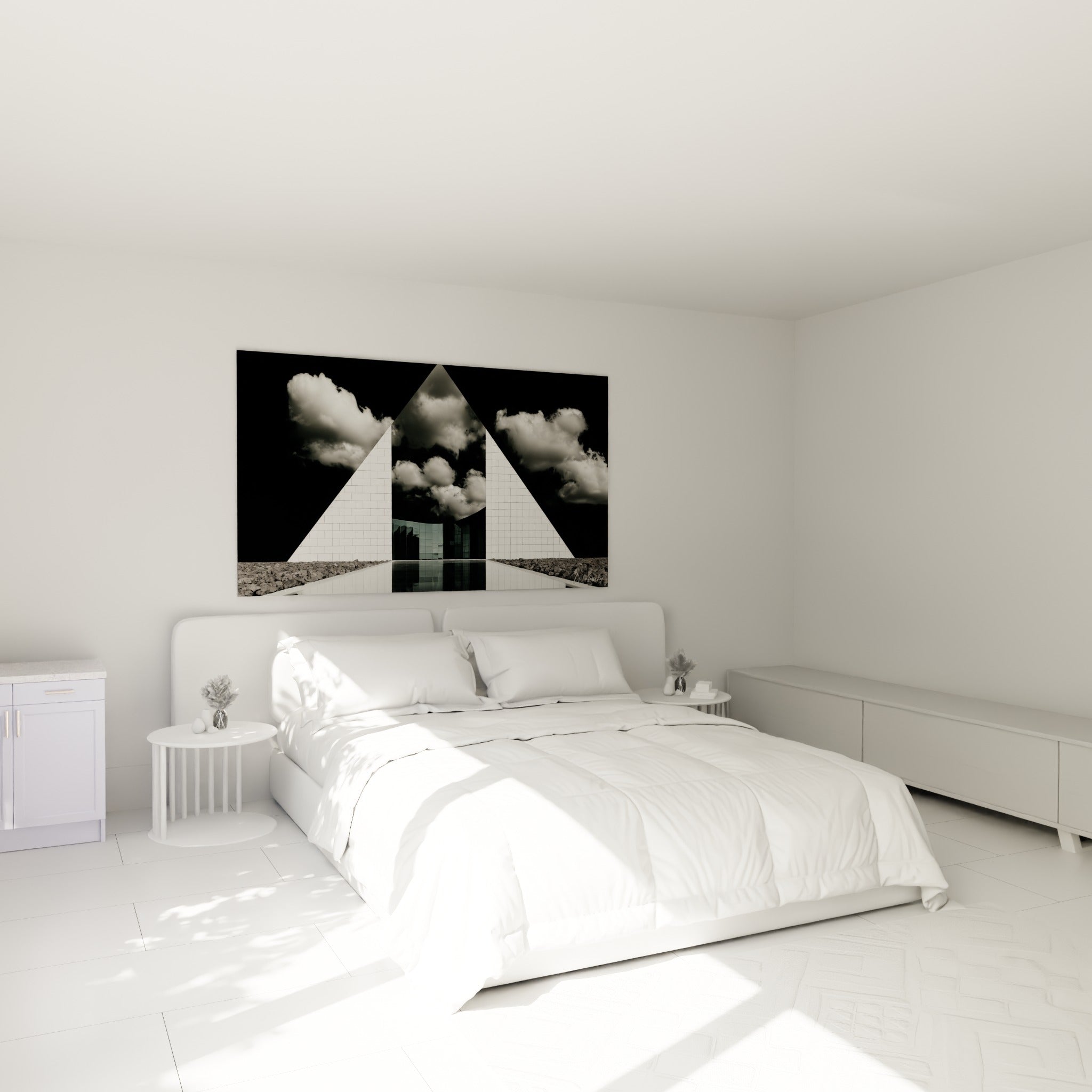 Structure pyramidale anthracite et ciel nuageux du tableau architecture abstrait au-dessus d'un lit dans une chambre claire