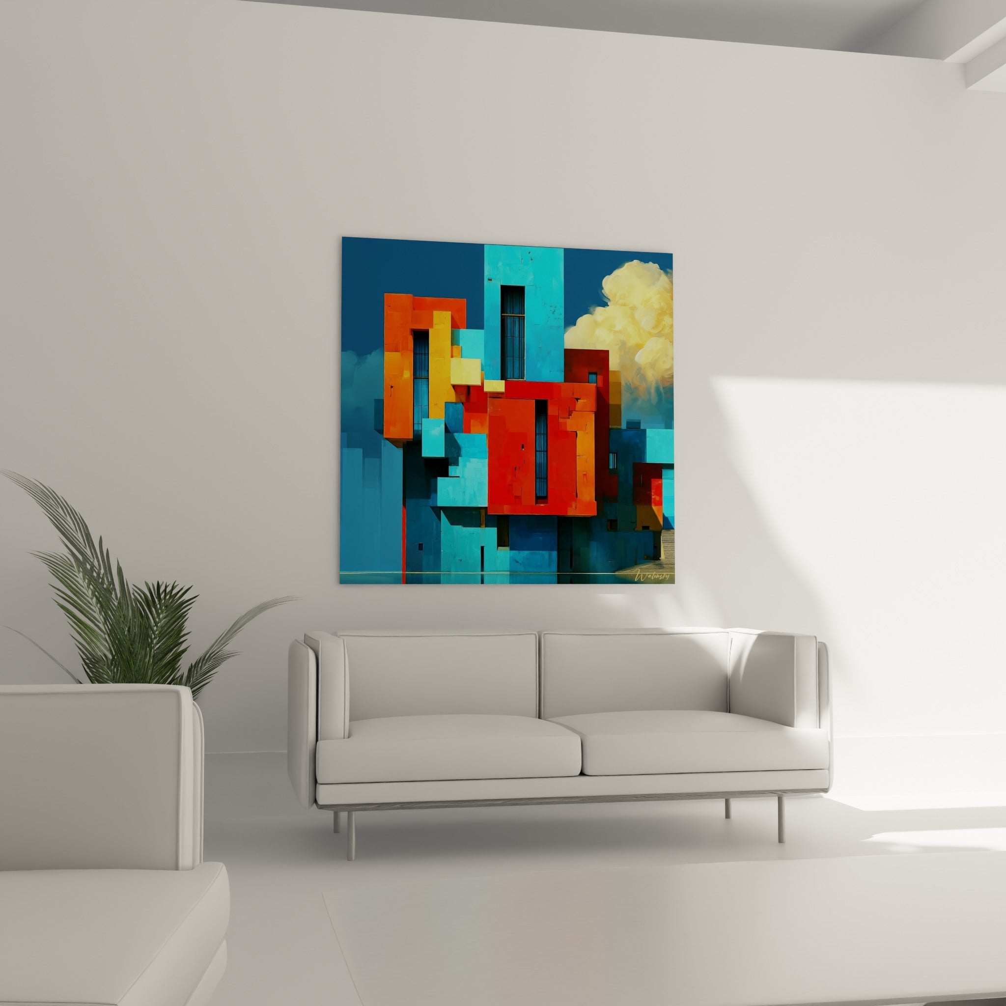 Façades colorées orange et bleu de cette architecture abstraite, au-dessus d'un canapé dans un salon lumineux