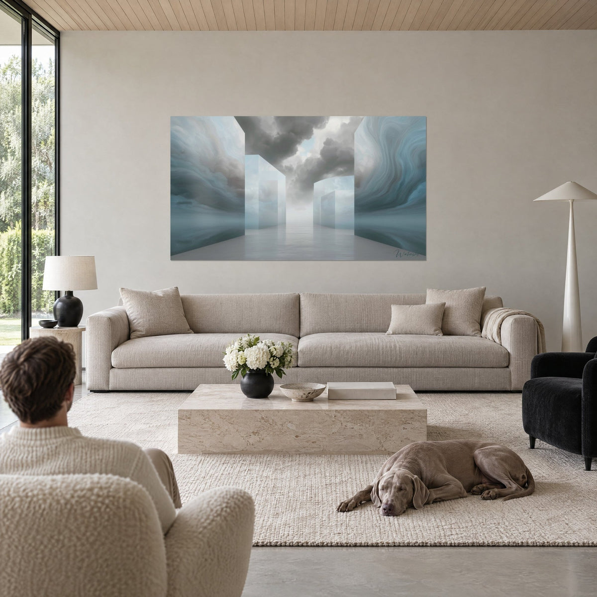 Wall art frosted pale blue glass colonnade under heavy stormy grey clouds, Weimaraner lying down, above a sofa in a bright living room