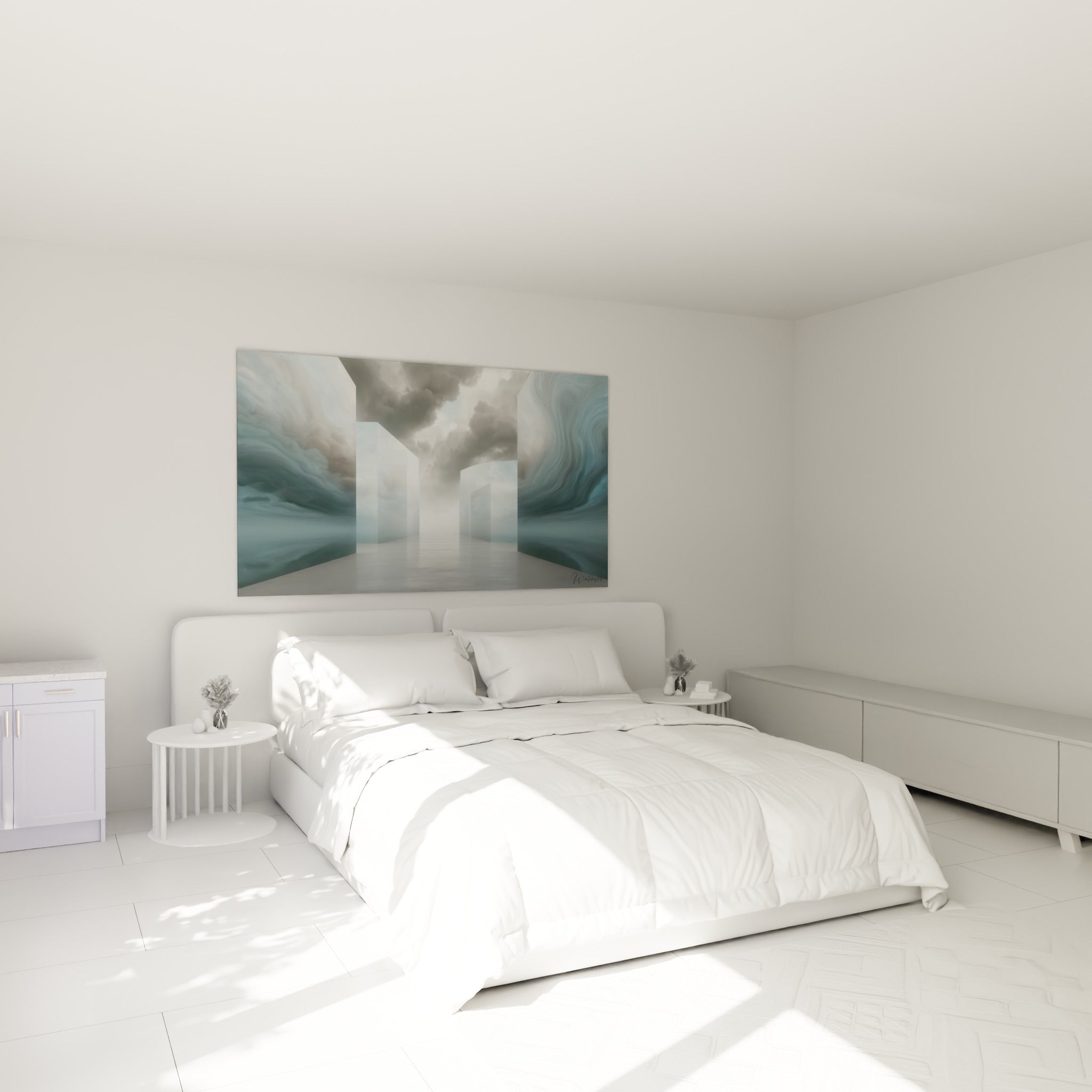 Couloir vitré bleu marine et ciel anthracite d'Architecture abstrait au-dessus d'un lit dans une chambre claire