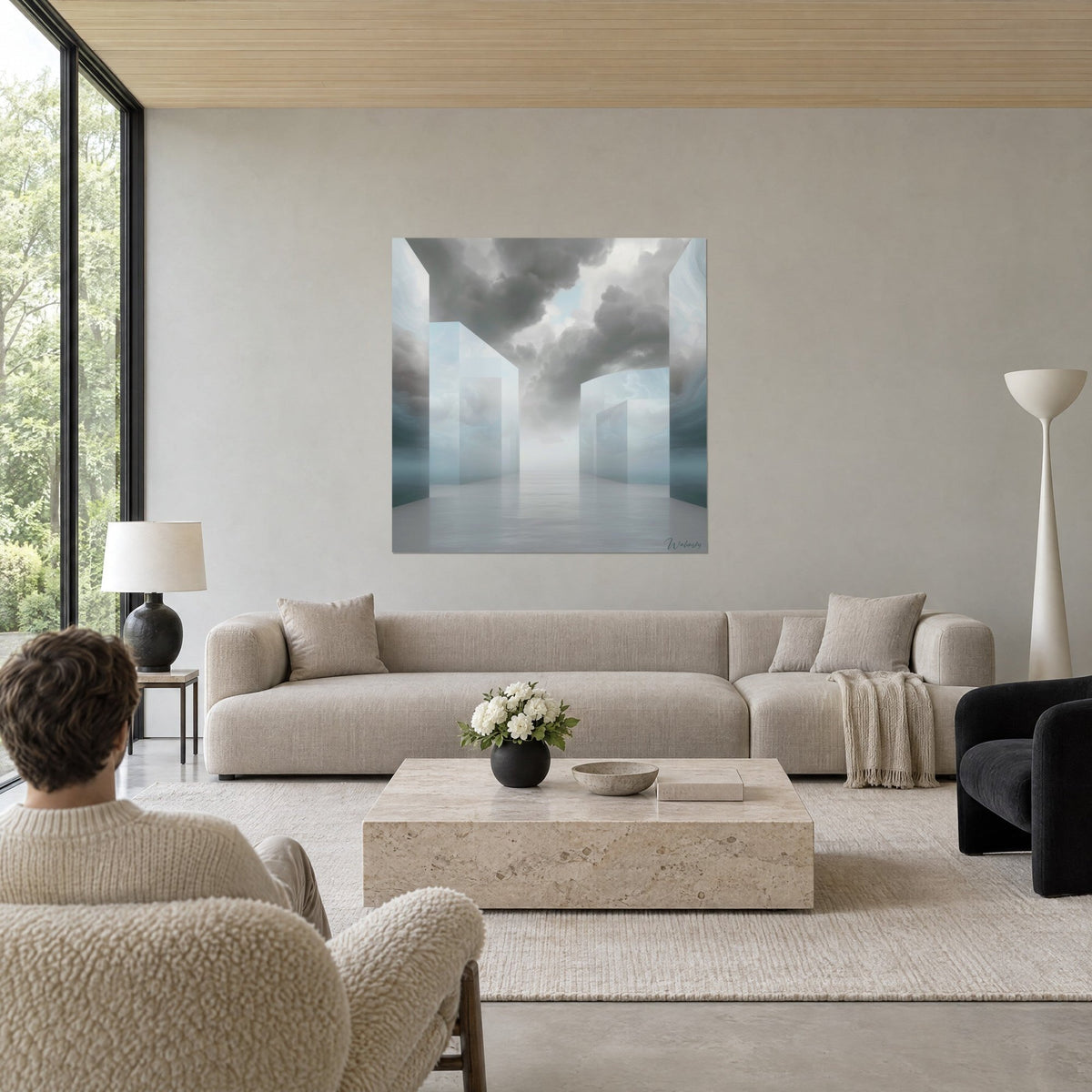 Tableau colonnade de verre bleu glacier sous nuages gris charbon, perspective fuyante, au-dessus d'un canapé dans un salon lumineux