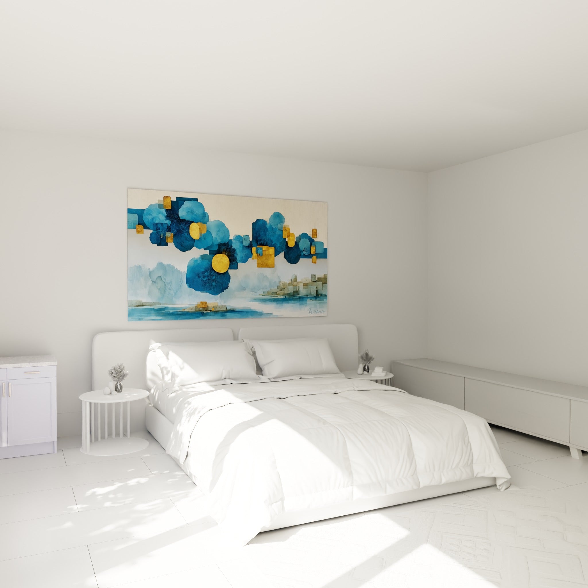 Formes géométriques bleu marine et dorées, architecture abstrait au-dessus d'un lit dans une chambre claire