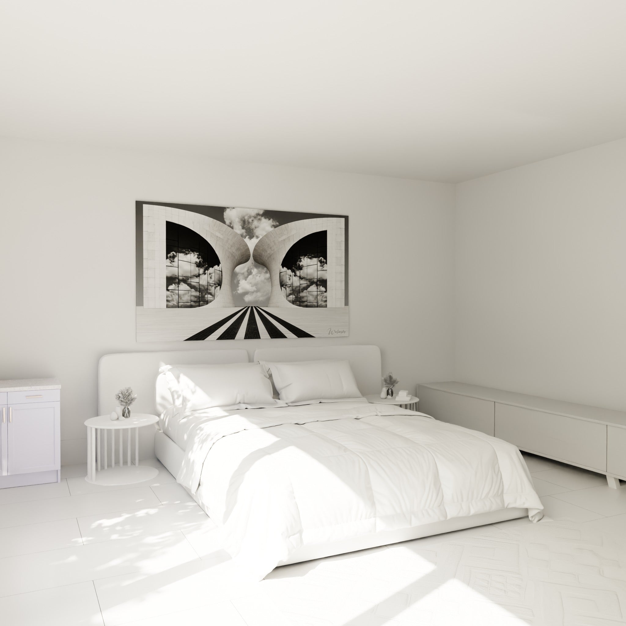 Structures courbes blanches et ciel anthracite nuageux au-dessus d'un lit dans une chambre claire