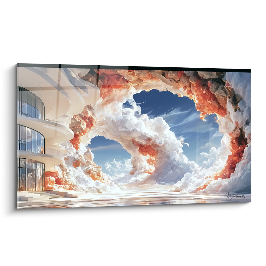 Tableau Architecture blanche et arche de nuages orangés - Passage céleste - Edition Architecture abstrait