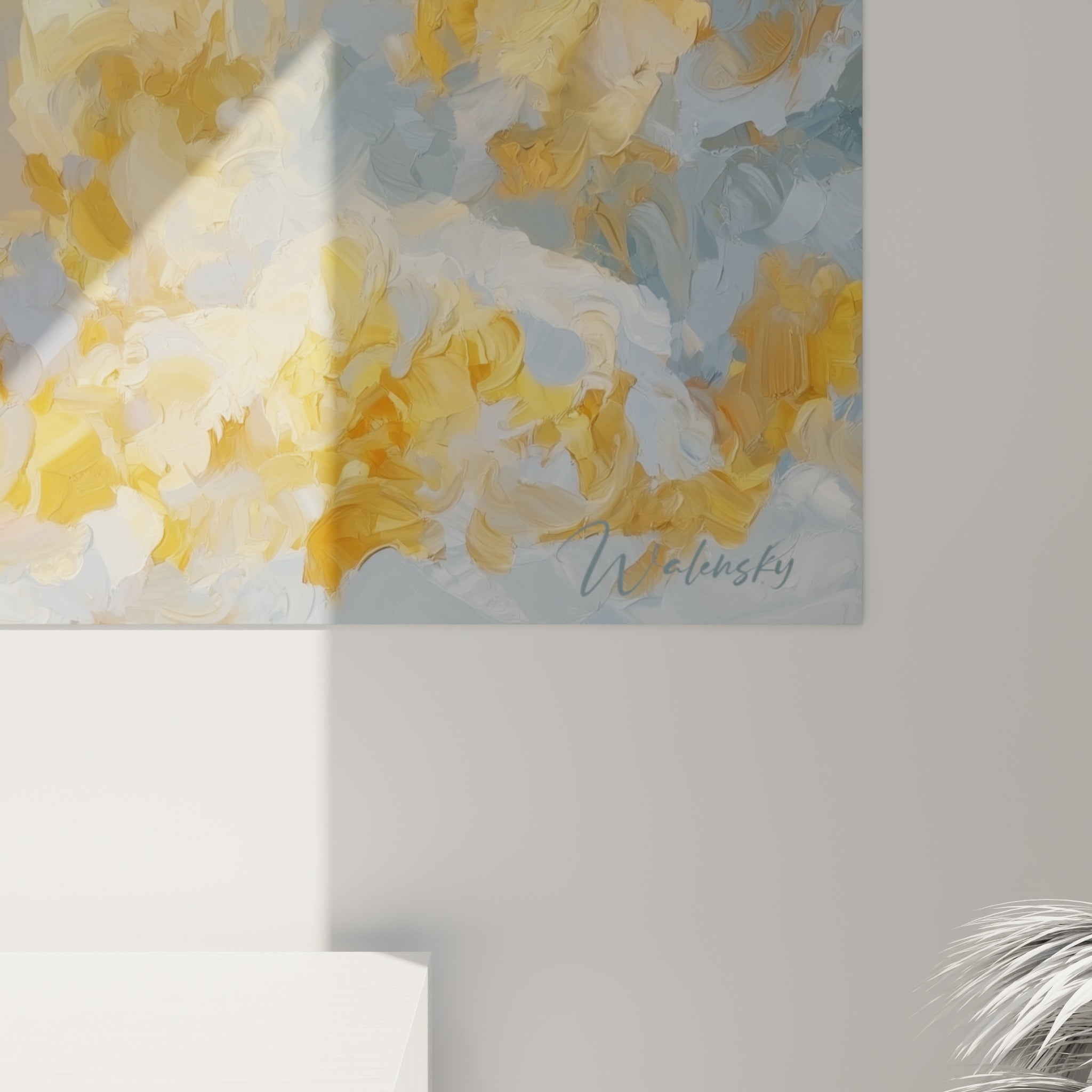 Détail des empâtements dorés et bleu pastel formant les nuages autour de la tour vitrée