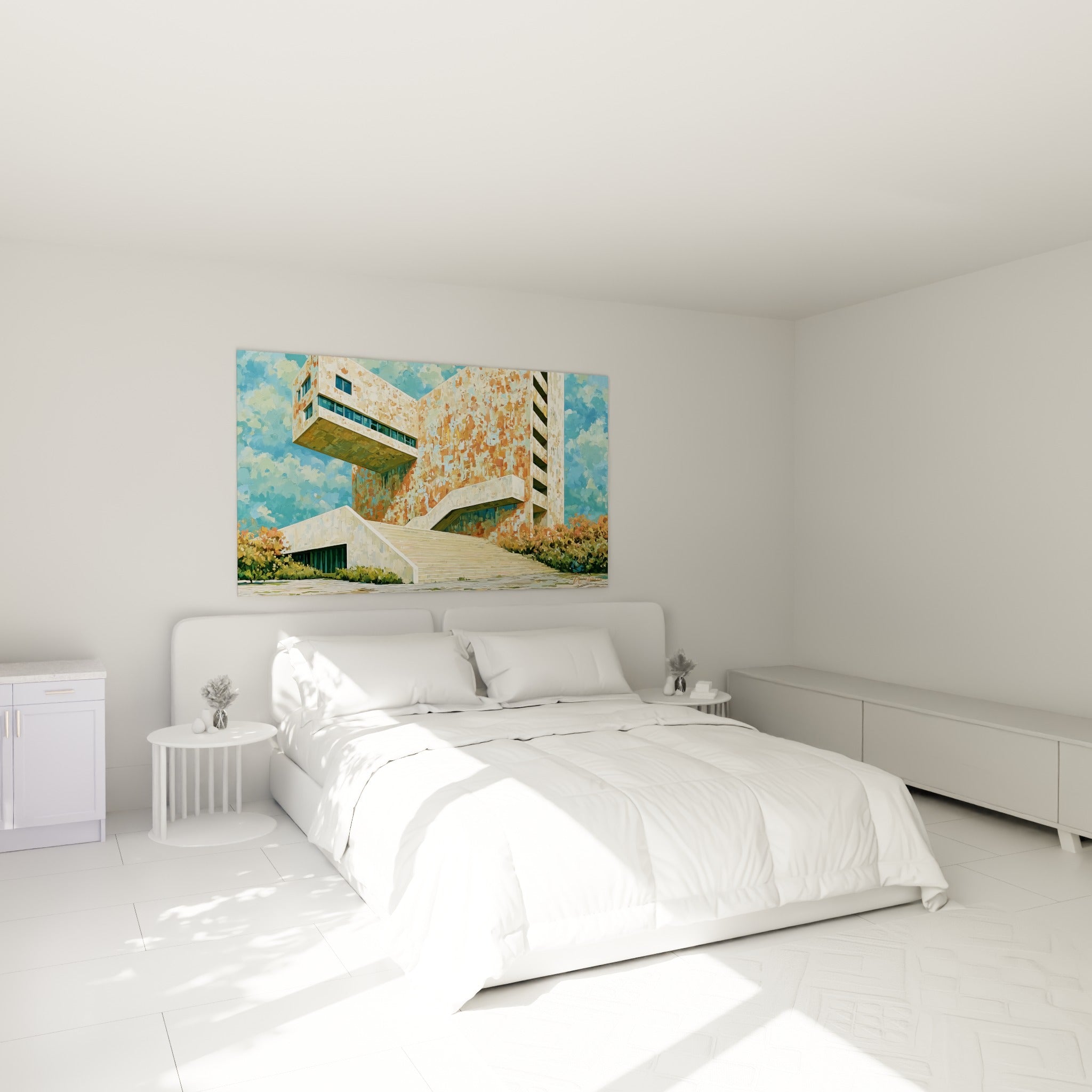 Structure architecturale terracotta et ocre, tableau architecture abstrait au-dessus d'un lit dans une chambre claire