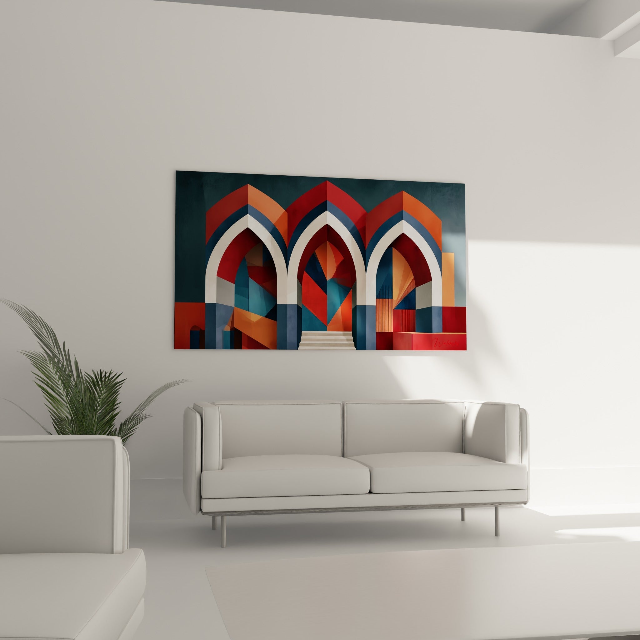 Escalier blanc et arcs rouge profond de ce tableau architecture abstrait au-dessus d'un canapé dans un salon lumineux