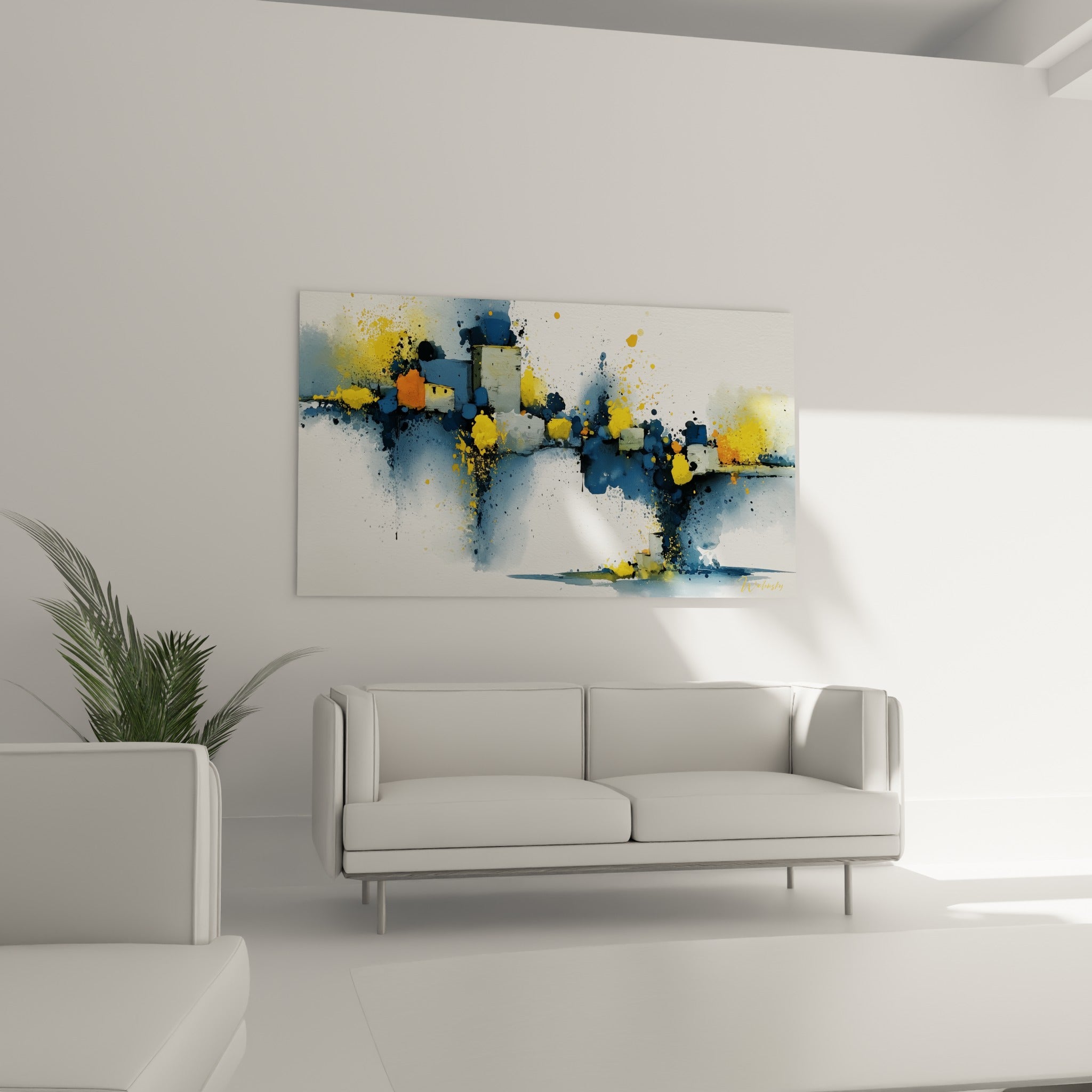 Éclaboussures orange et bleu marine formant une architecture abstrait au-dessus d'un canapé dans un salon lumineux