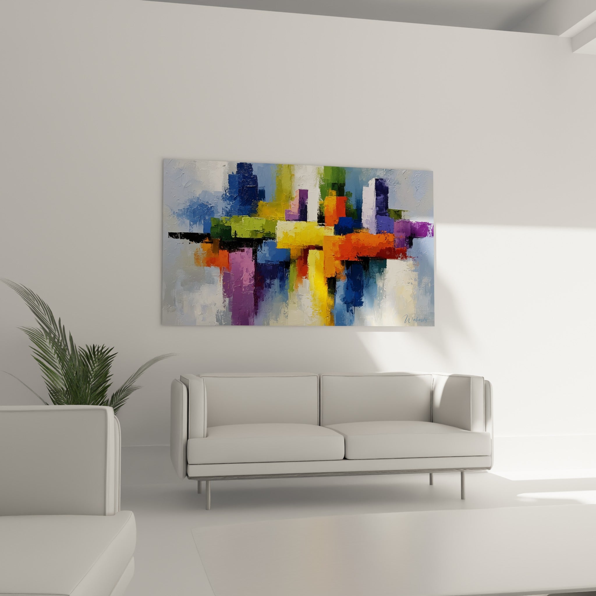 Blocs colorés orange et violet de cette architecture abstraite, au-dessus d'un canapé dans un salon lumineux