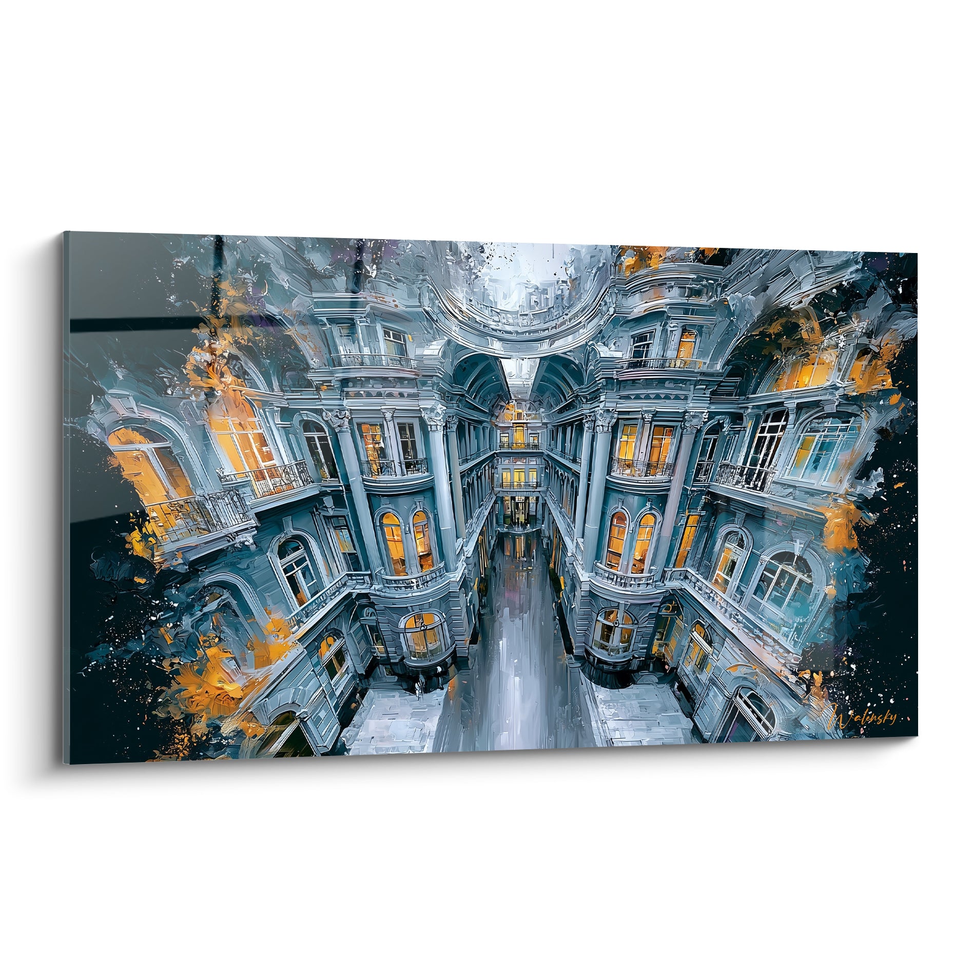 Palais bleu ardoise et doré aux fenêtres illuminées, architecture abstraite en perspective centrale