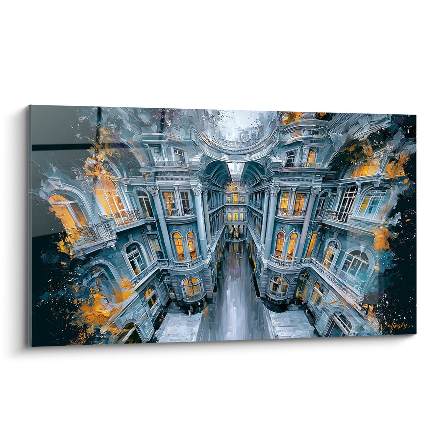 Tableau Palais bleu et doré aux façades symétriques - Splendeur nocturne - Edition Architecture abstrait