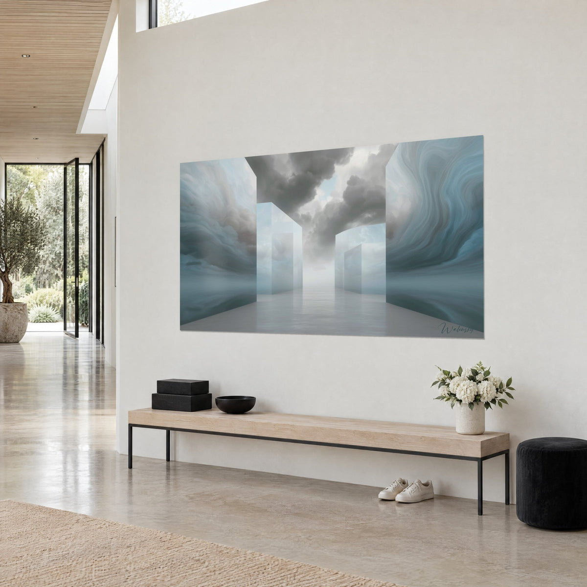 Wall art corridor of mist between two walls of blue-grey swirls, cottony stormy sky, three-quarter view of a cream wall