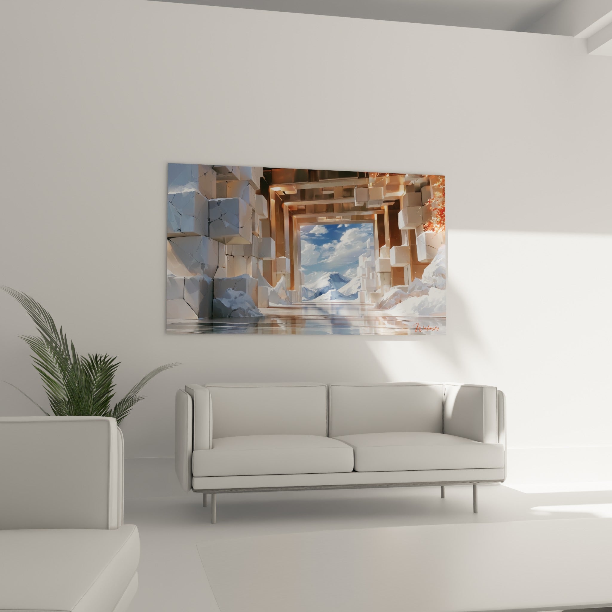 Passage géométrique blanc et bronze vers sommets enneigés au-dessus d'un canapé dans un salon lumineux