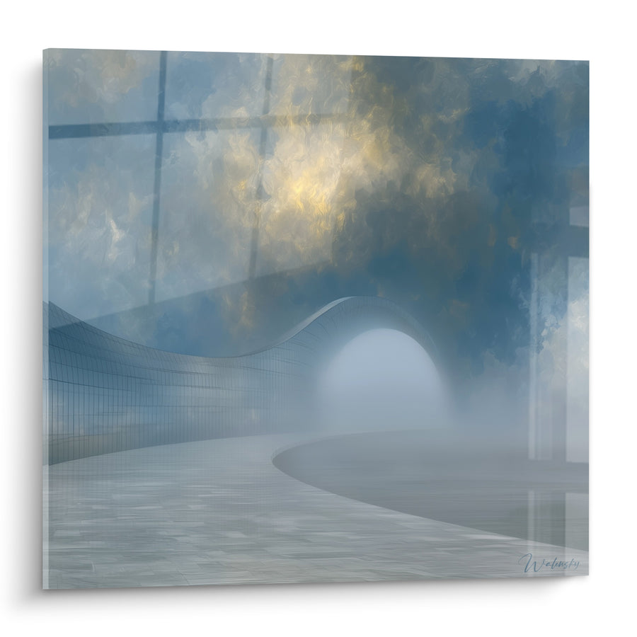 Gemälde Kurvige Brücke blau-grau und goldener Nebel - Stille Überquerung - Architektur Edition abstrakte Kunst