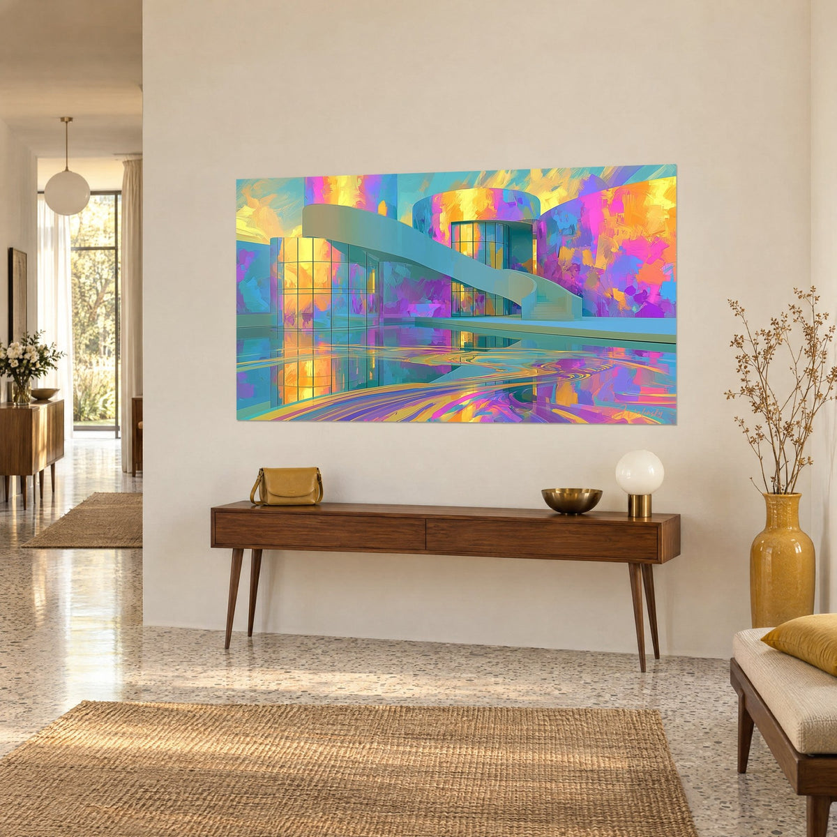 Schilderij zwevende utopie: glazen rotonde in goudgeel en fuchsia roze, weerspiegeld in een vijver, driekwart aanzicht, houten console