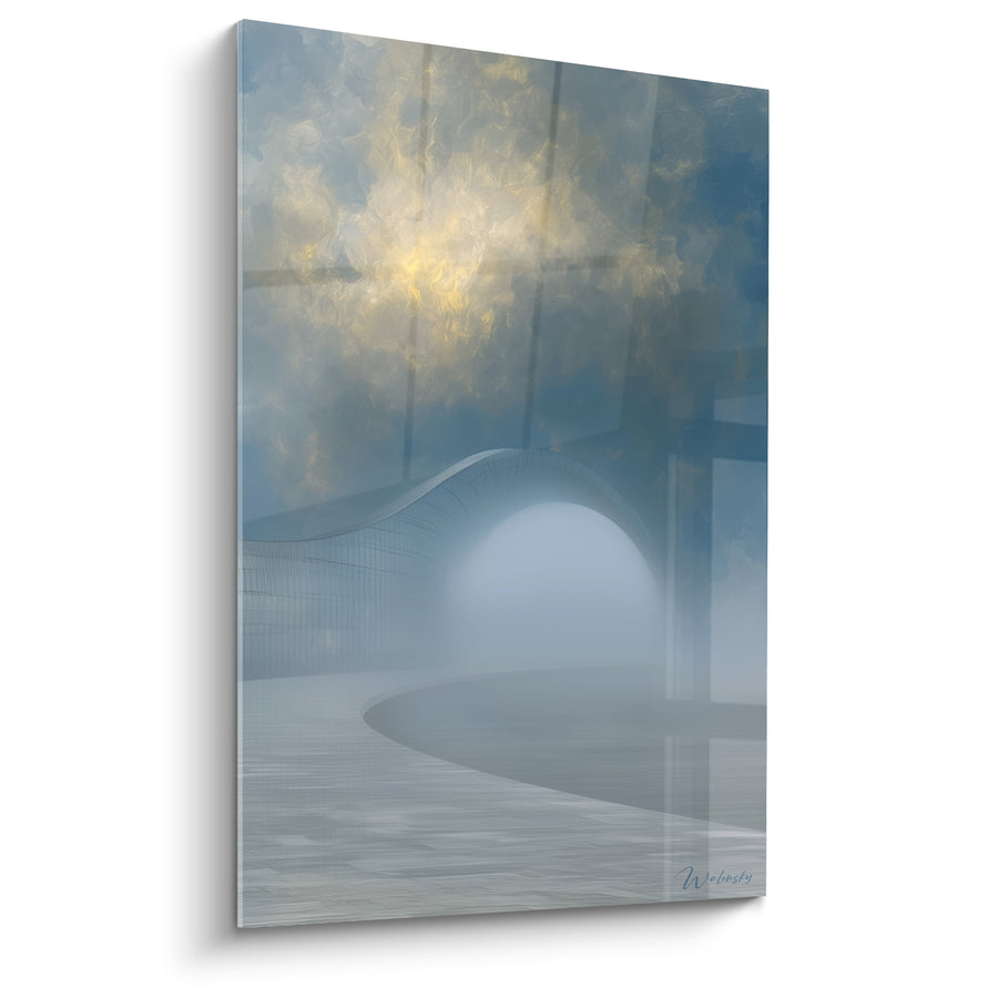 Gemälde Kurvige Brücke Blau und Gold Nebelhaft - Durchquerung im Nebel - Architektur Edition Abstrakte Kunst
