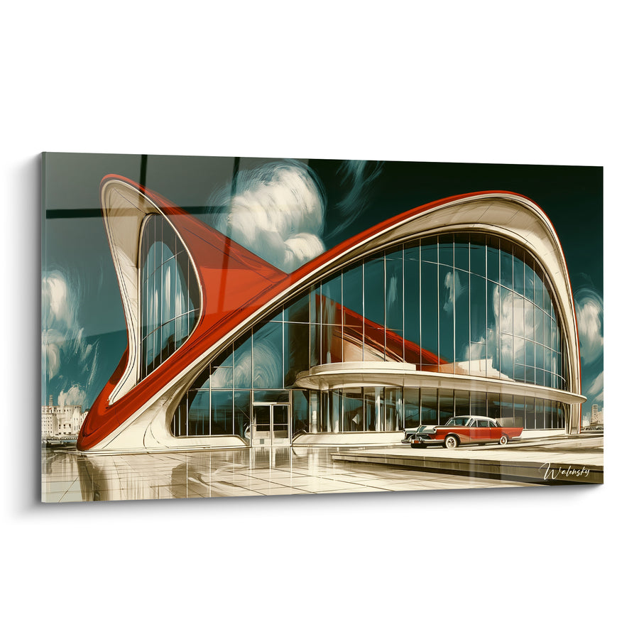 Tableau Bâtiment futuriste aux courbes rouges et beiges - Voyage rétrofuturiste - Edition Architecture abstrait
