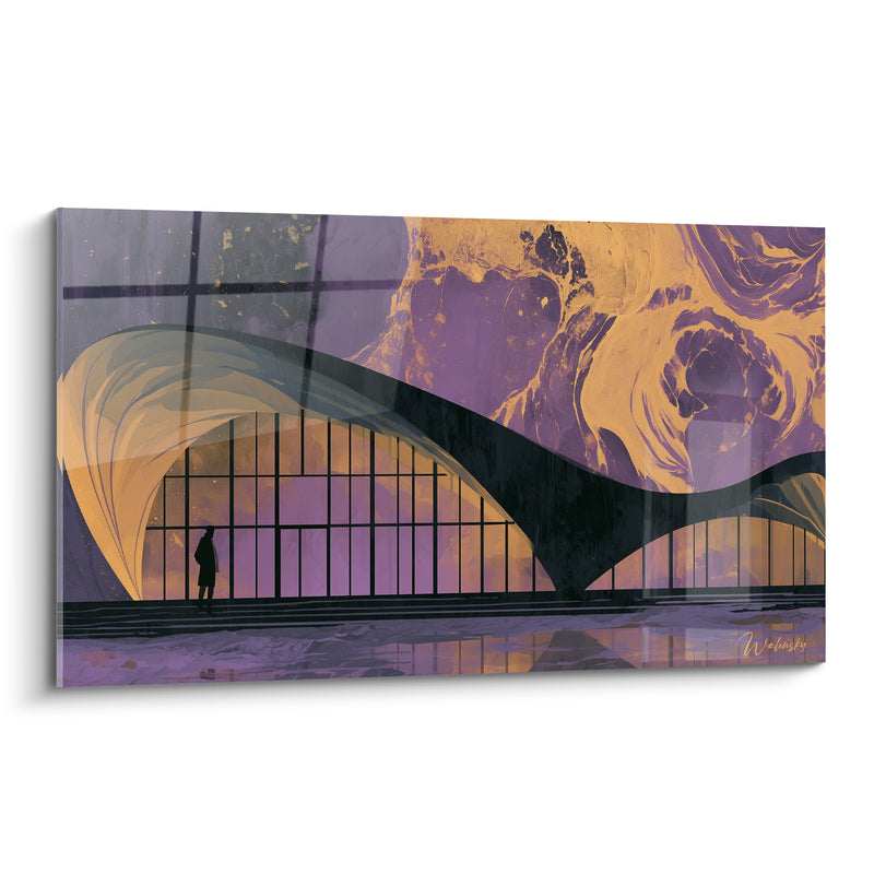Tableau Pavillon incurvé aux teintes violettes et dorées - Silhouette contemplative - Edition Architecture abstrait