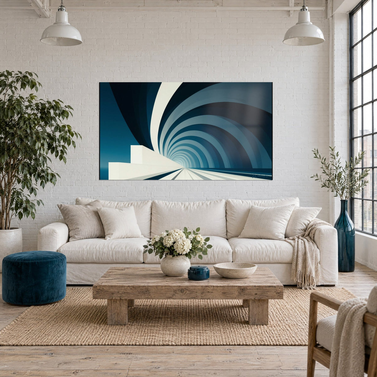 Tableau tunnel en spirale bleu marine aux anneaux concentriques et blocs blancs en escalier, au-dessus d'un canapé dans un salon lumineux