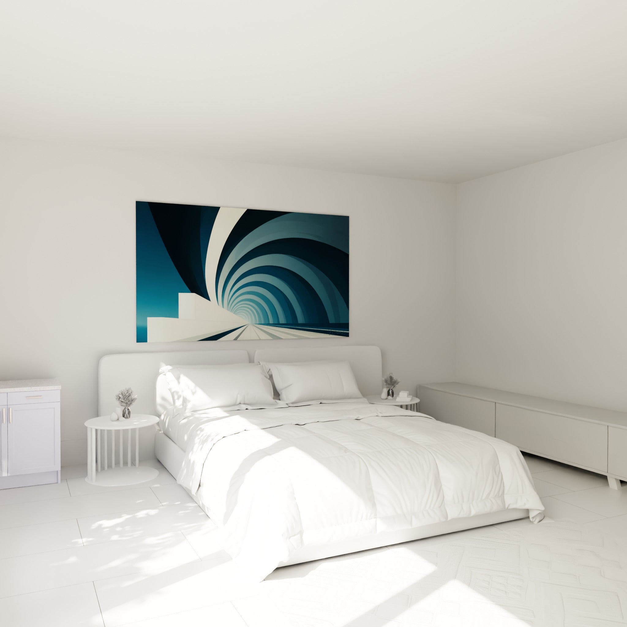 Courbes bleu marine et ivoire en perspective infinie, tableau architecture abstraite au-dessus d'un lit dans une chambre claire