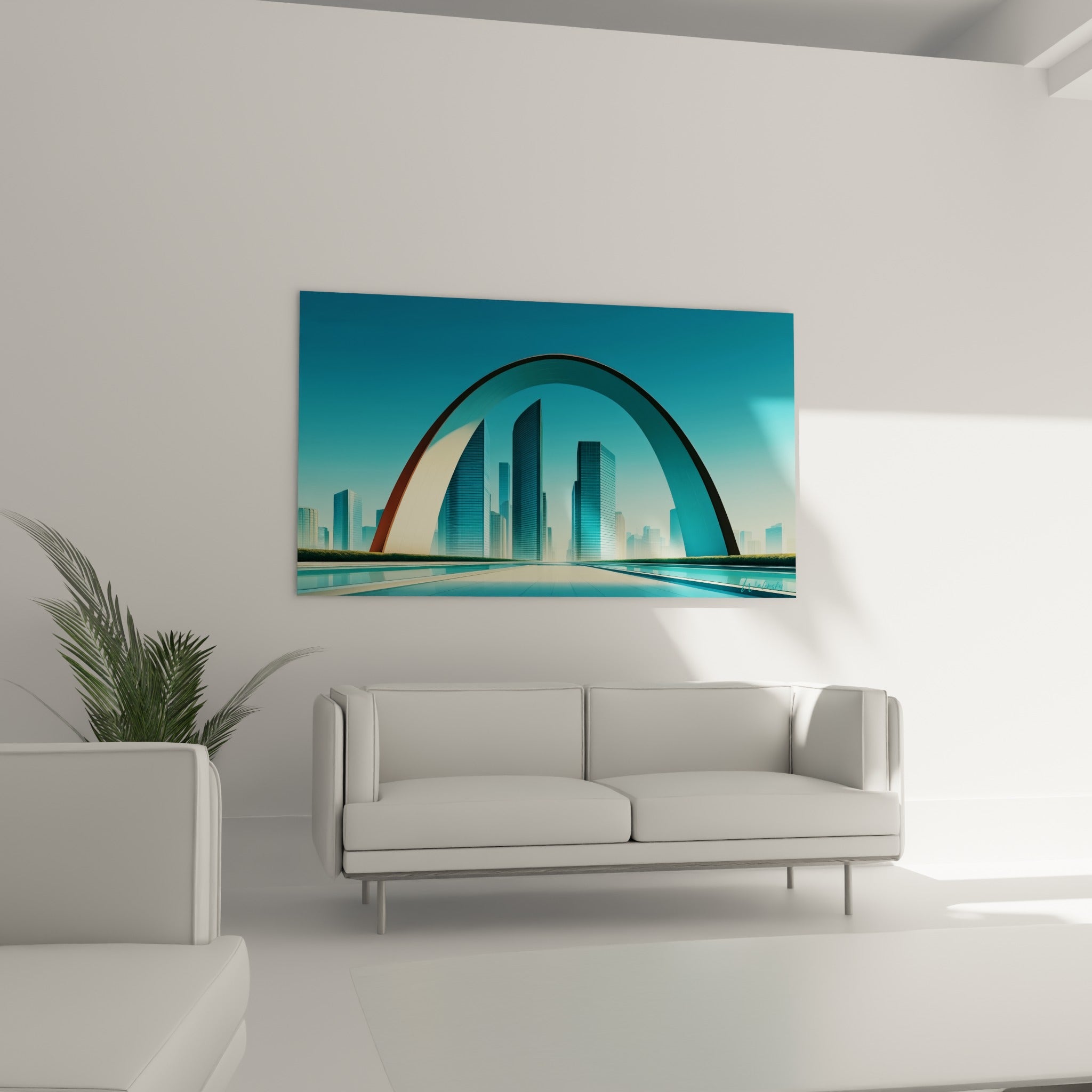 Perspective urbaine turquoise et cuivrée de l'architecture abstrait, au-dessus d'un canapé dans un salon lumineux