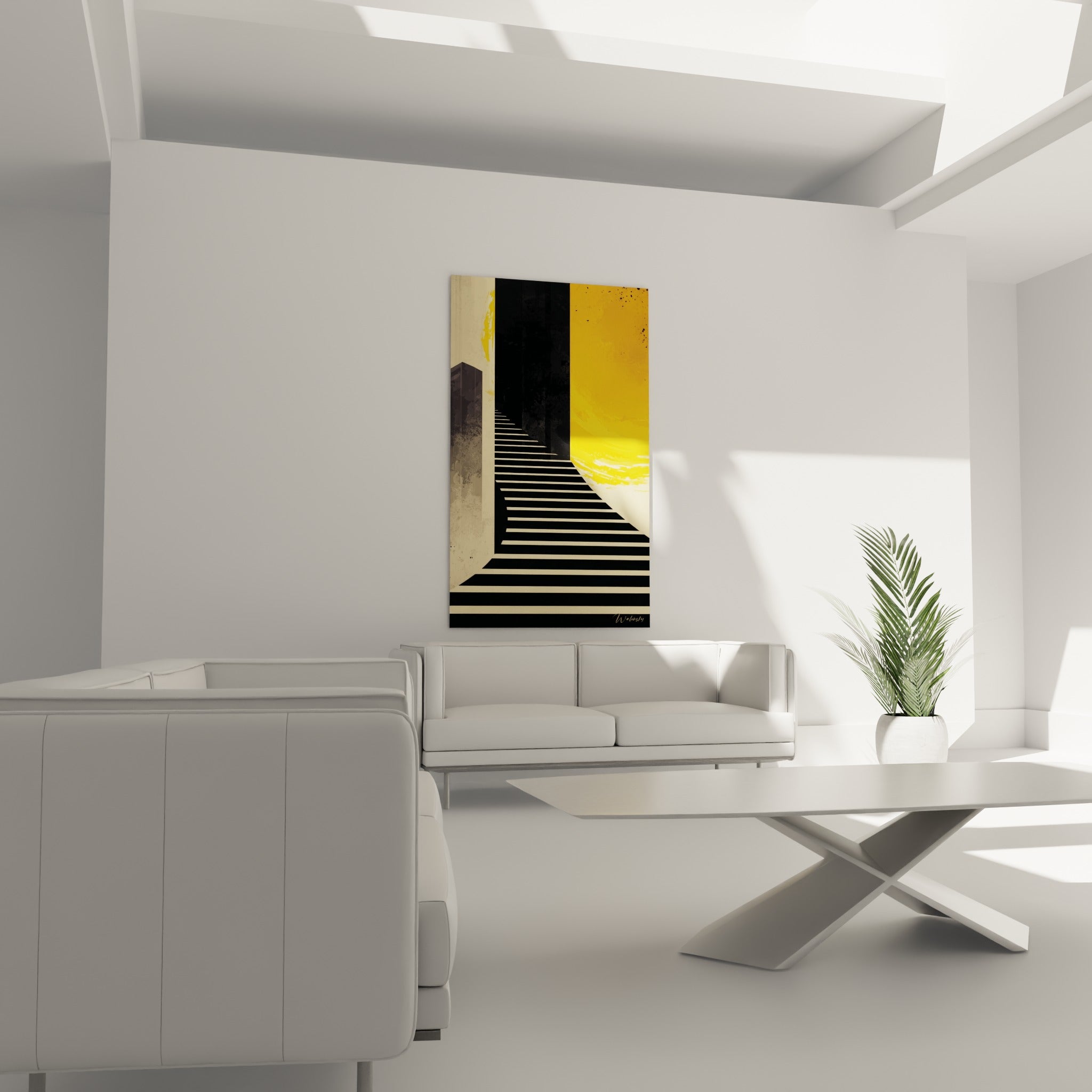 Marches noires et crème filant vers une lumière ocre, tableau accroché au-dessus d'un canapé dans un salon lumineux