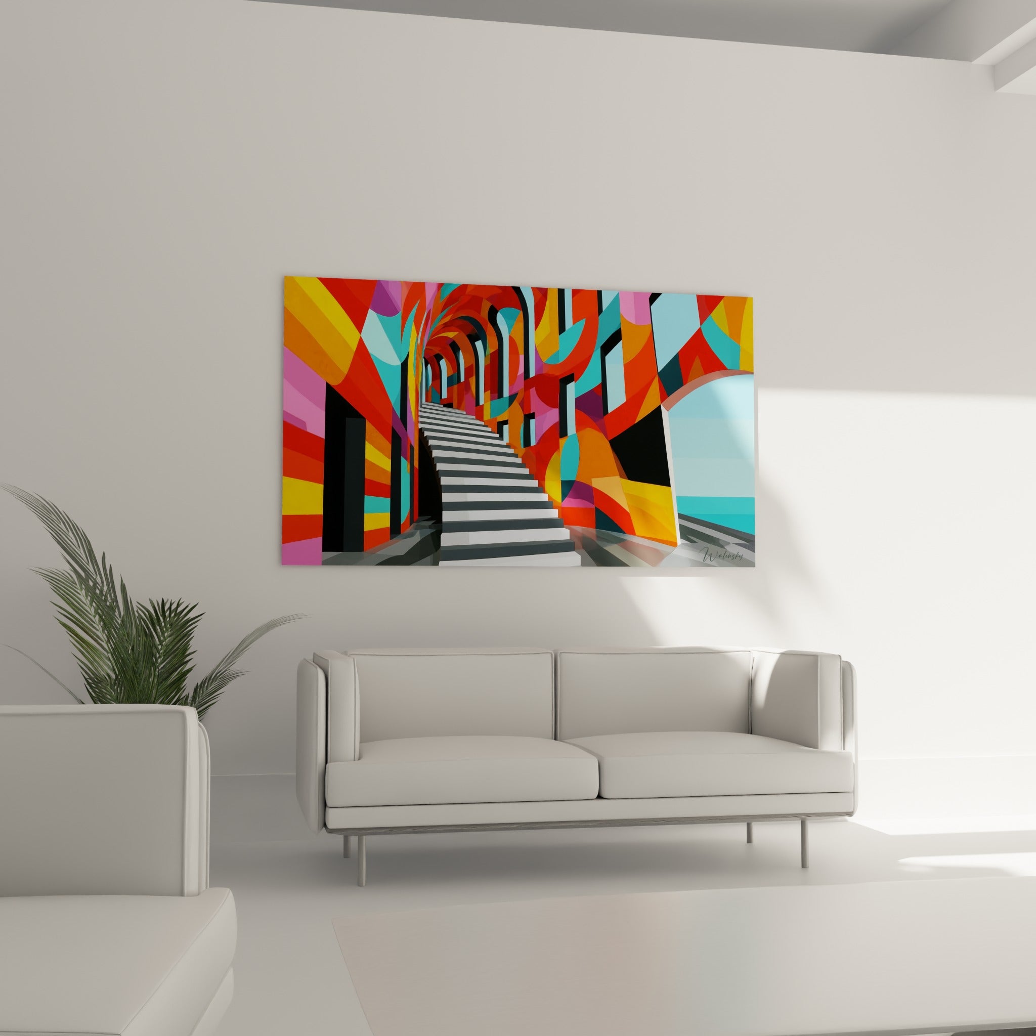 Composition d'arches colorées orange et turquoise encadrant un escalier grise, au-dessus d'un canapé dans un salon lumineux