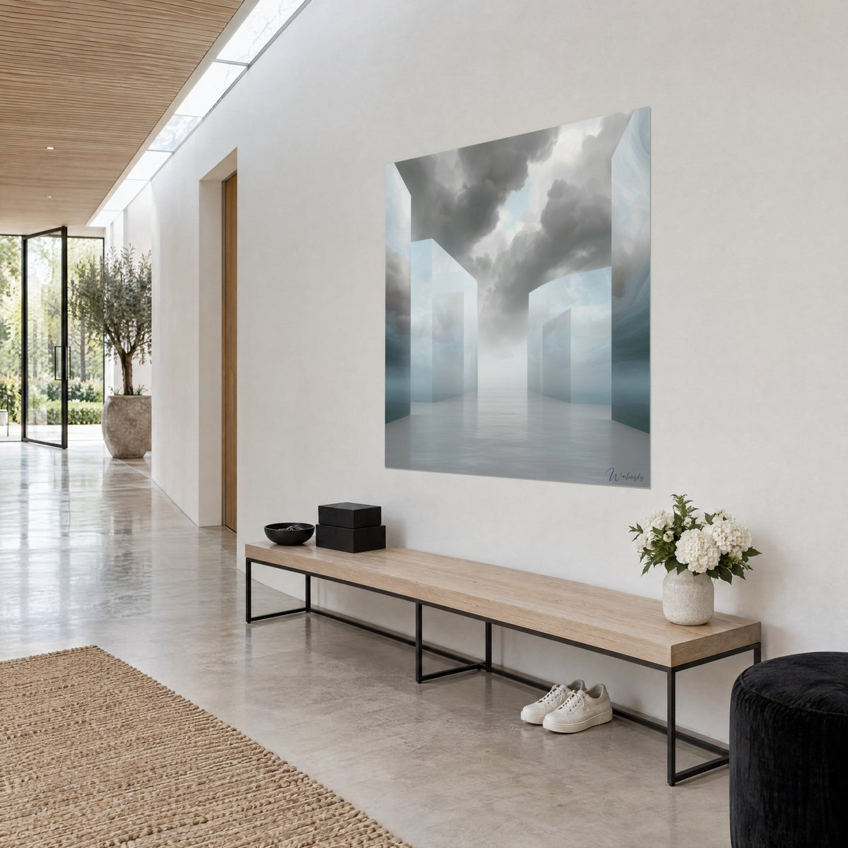 Tableau couloir de prismes translucides bleu pâle et gris perle, sol d'eau lisse, accroché dans un couloir de maison d'architecte