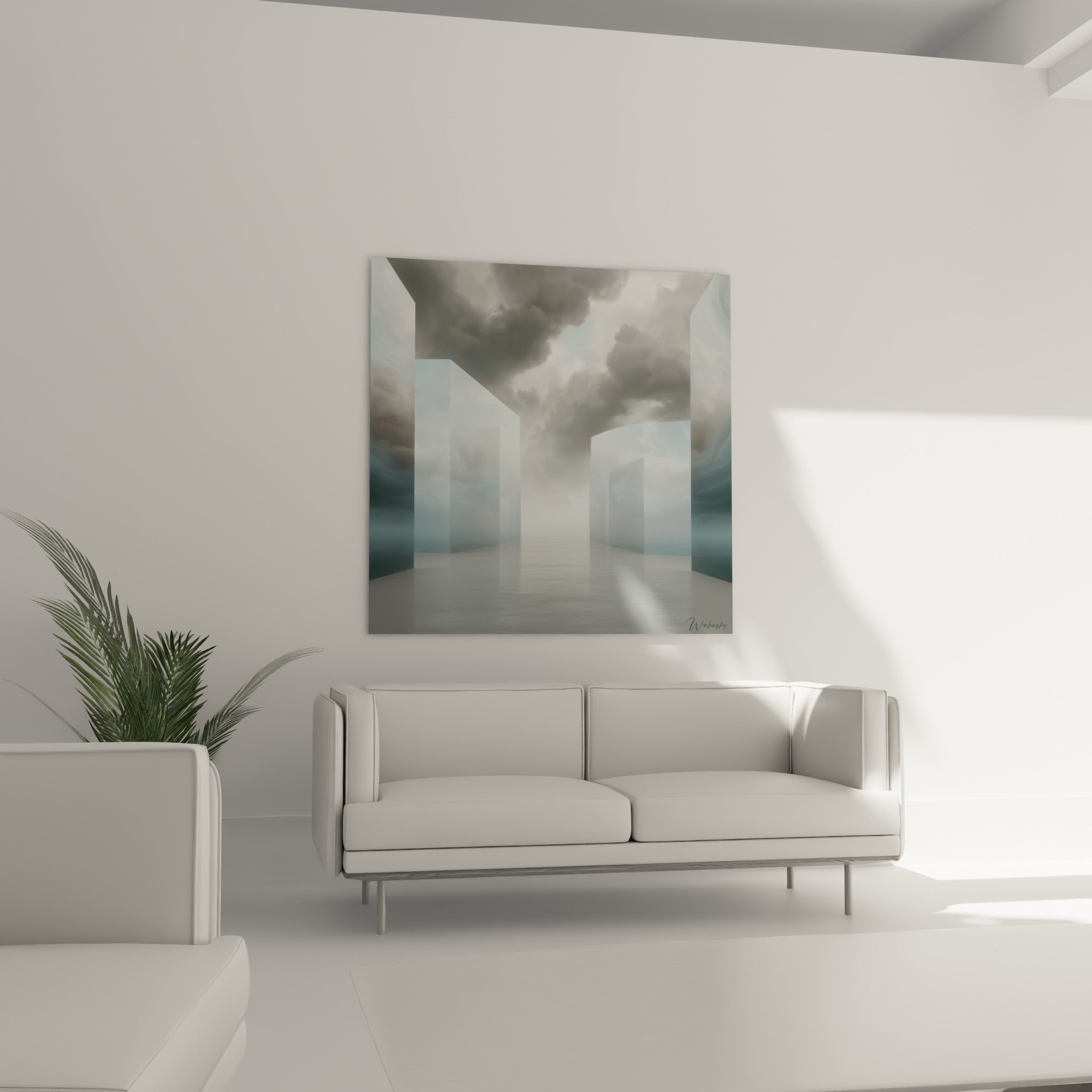 Perspective de verre bleu pastel et ciel gris de ce tableau architecture abstrait au-dessus d'un canapé dans un salon lumineux