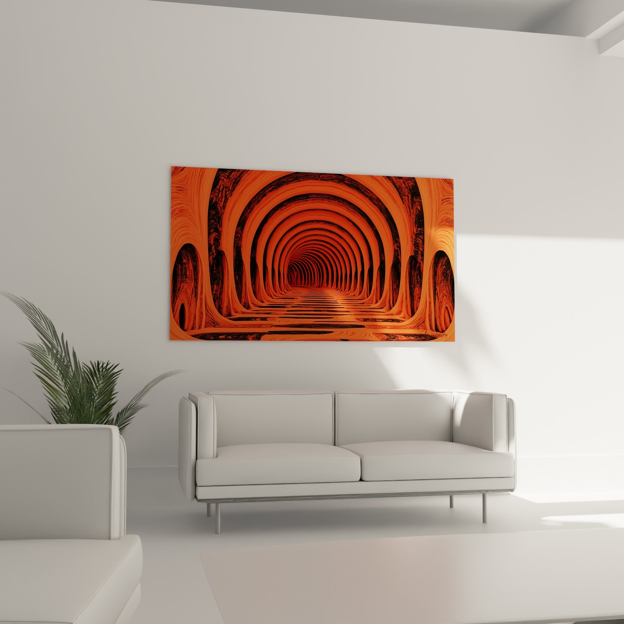 Perspective vertigineuse du tunnel terracotta et anthracite au-dessus d'un canapé dans un salon lumineux