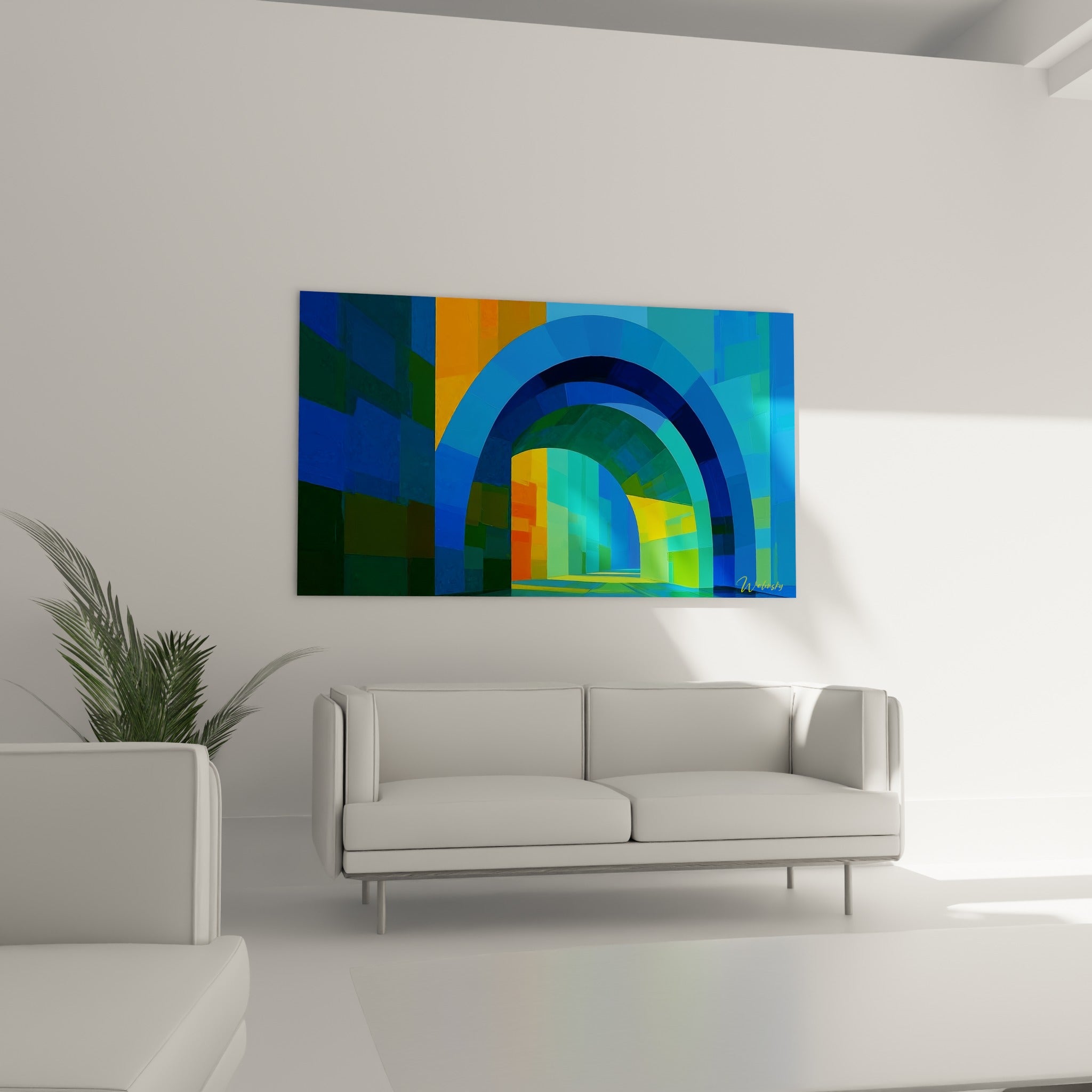 Perspective géométrique orange et turquoise du tableau architecture abstrait, au-dessus d'un canapé dans un salon lumineux
