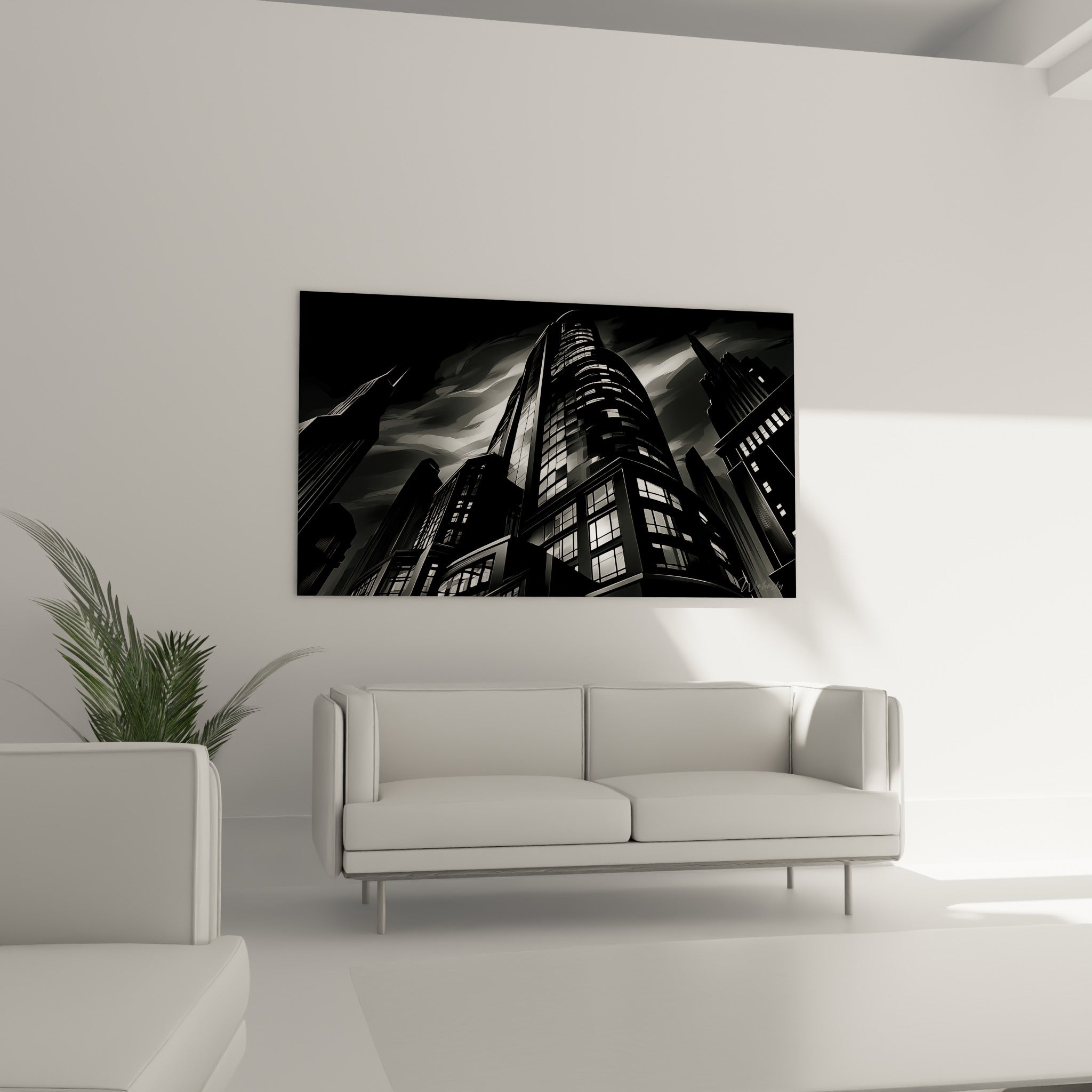 Perspective vertigineuse sur gratte-ciel anthracite et blanc, au-dessus d'un canapé dans un salon lumineux