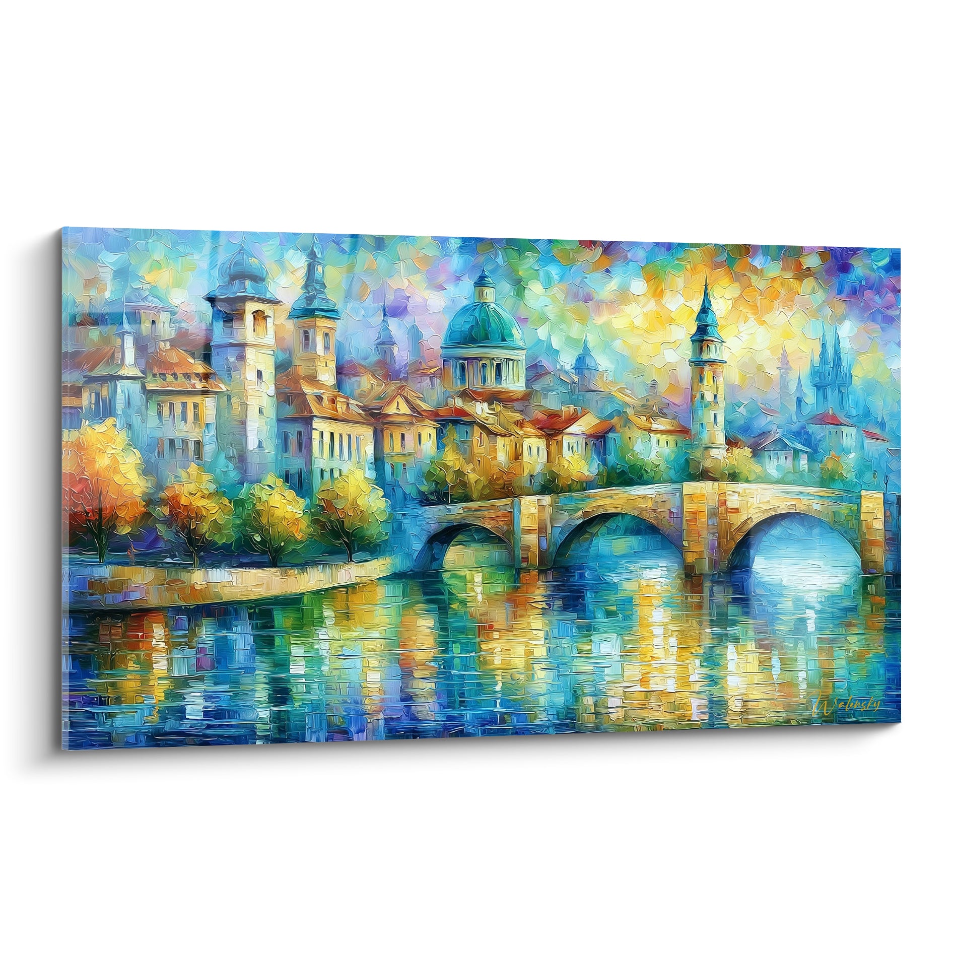 Pont de pierre et tours bleues dorées, reflets turquoise sur l'eau d'une cité ancienne