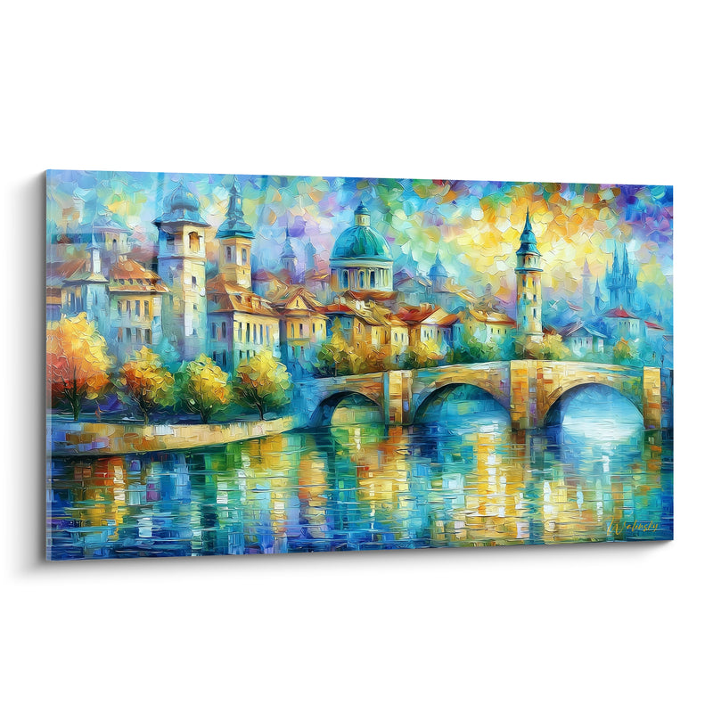 Golden and Blue Stone Bridge Painting on Sparkling River - Ancient Domes and Bell Towers - Abstract Architecture Edition