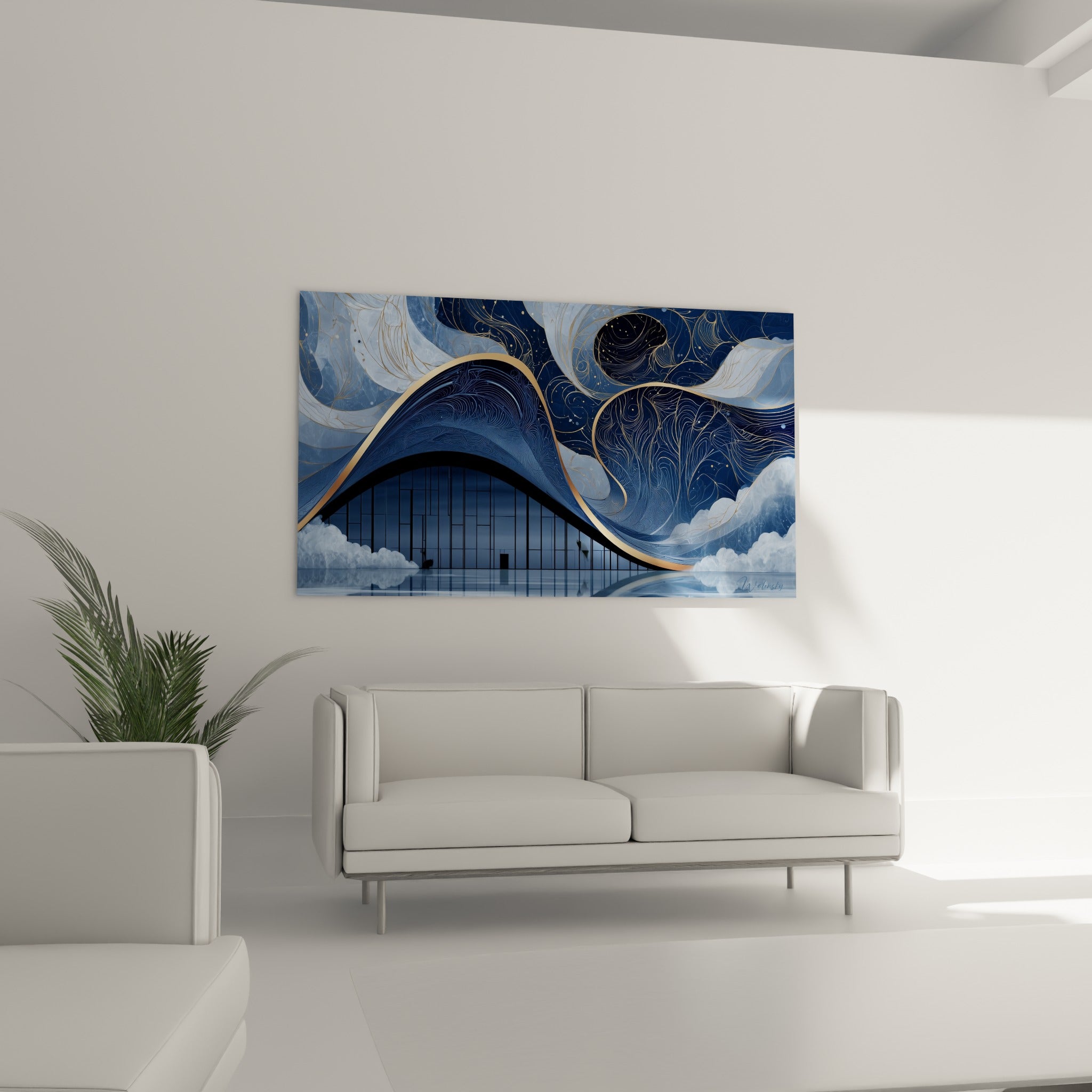 Structure en arche bleu marine et lignes dorées de ce tableau au-dessus d'un canapé dans un salon lumineux