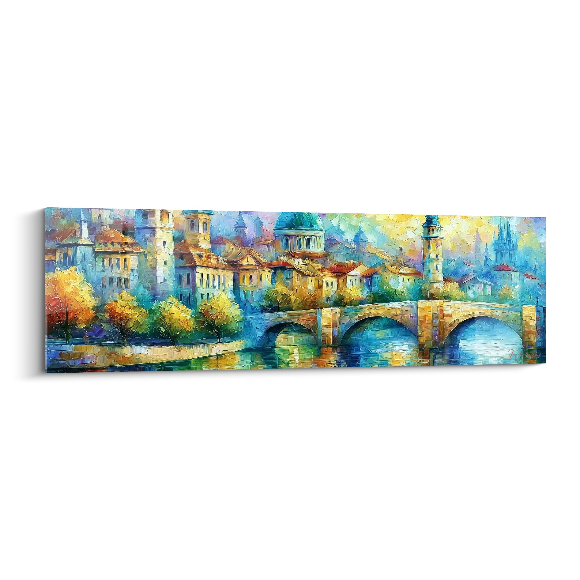Pont de pierre et tours dorées d'une cité fluviale, touches turquoise et ocre en style architecture abstrait