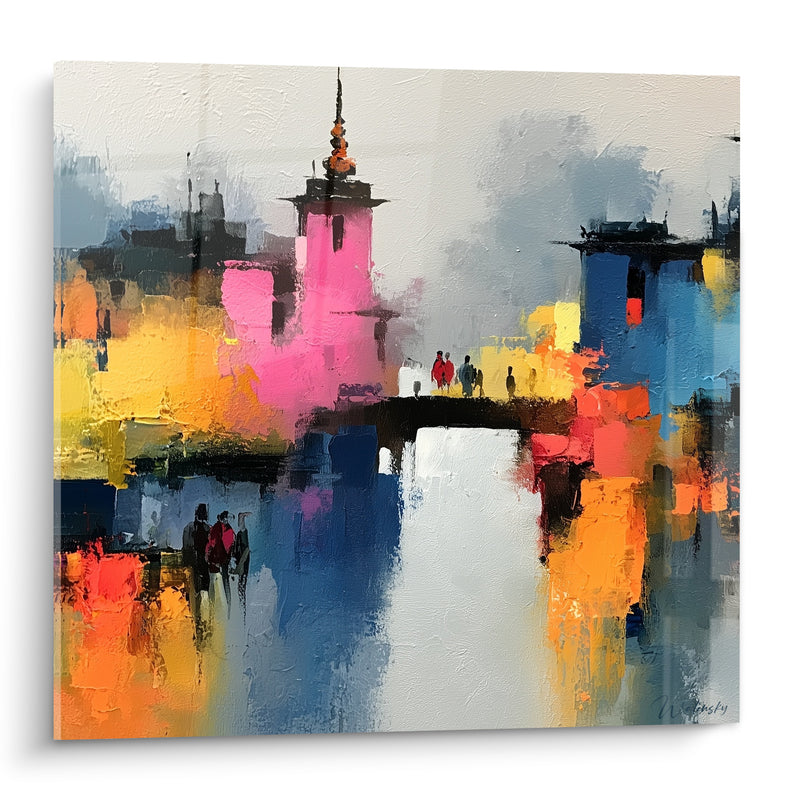 Tableau Pont sur canal aux tours roses et bleues - Traversée urbaine - Edition Architecture abstrait