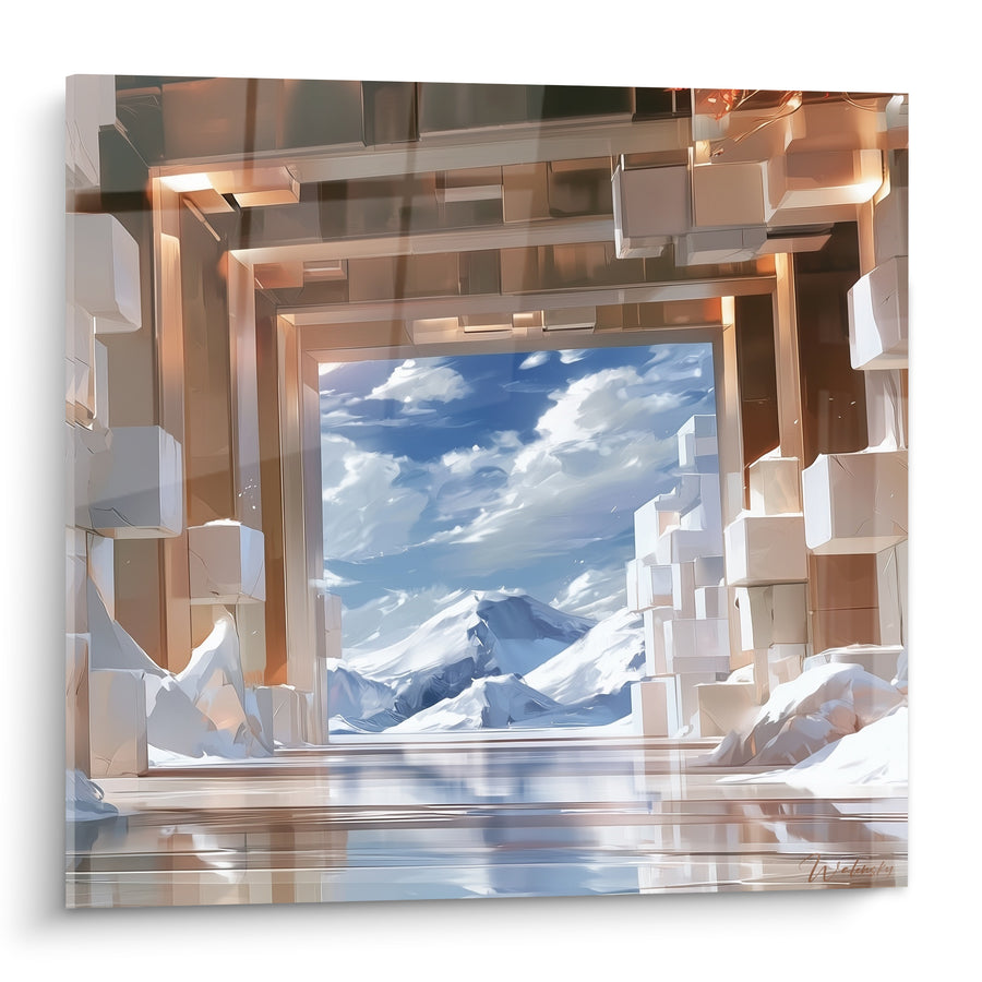 Gemälde Kubische Portal weiß und blau zu Bergen – Schwelle zum Unendlichen – Architektur Edition Abstrakt