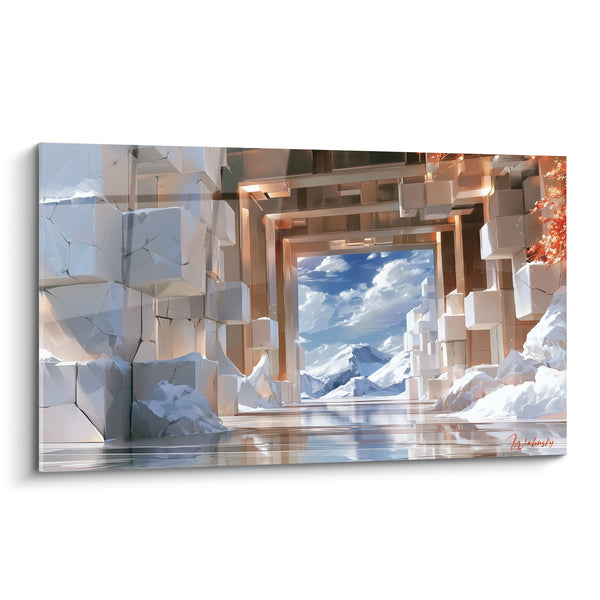 Cuadro Portal cúbico blanco y cobrizo sobre montañas nevadas - Rama de coral helada - Edición Arquitectura abstracta