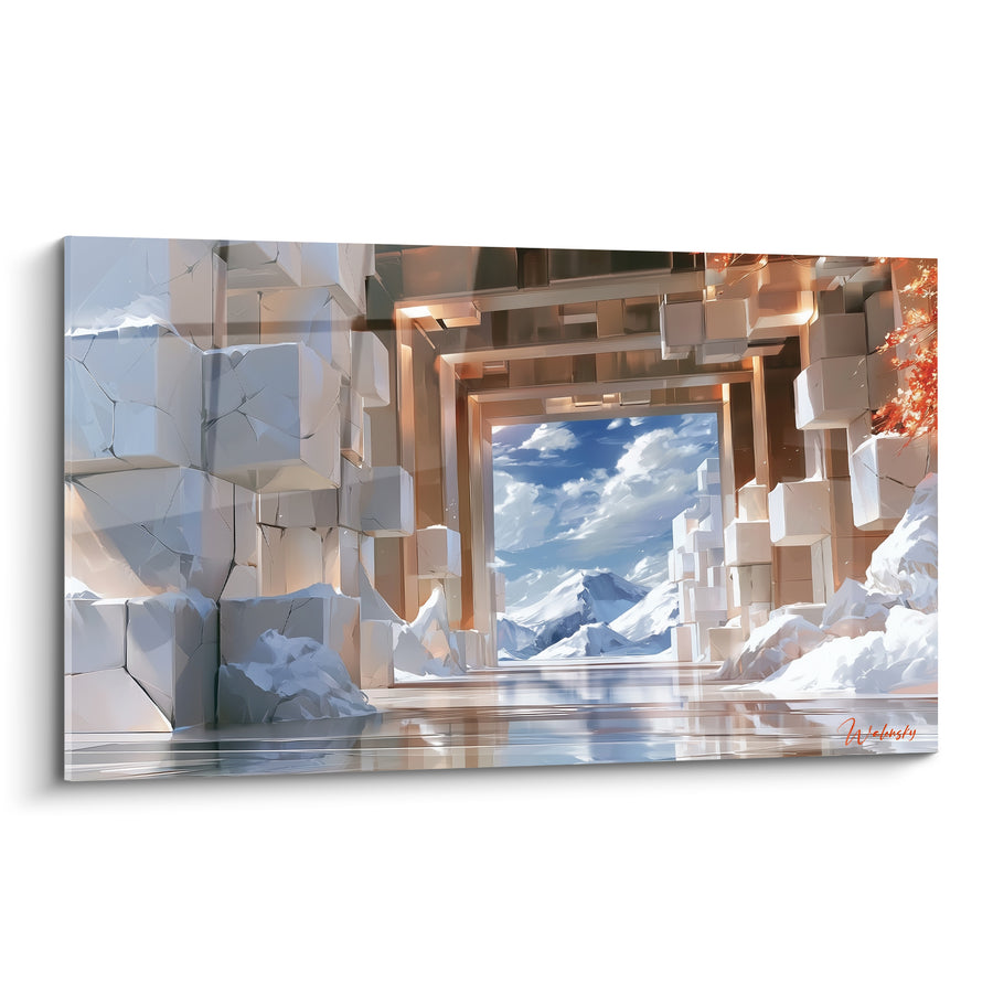 Tableau Portail cubique blanc et cuivré sur montagnes enneigées - Branche de corail givrée - Edition Architecture abstrait