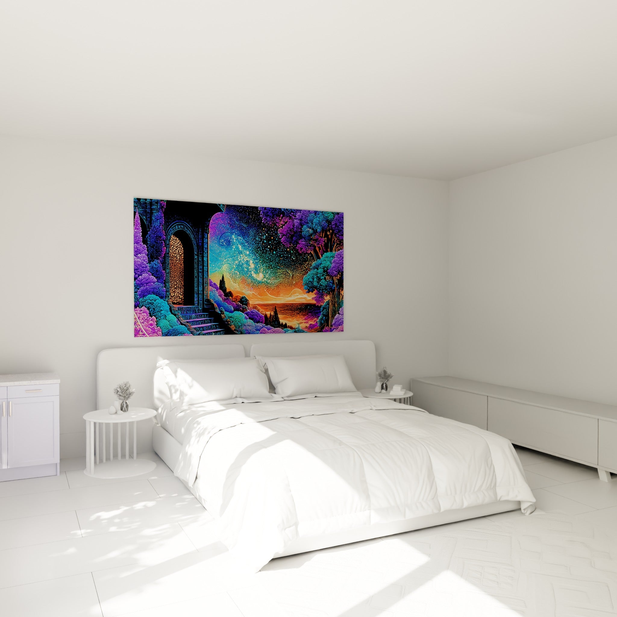 Portail lumineux et jardin turquoise et violet peints, accrochés au-dessus d'un lit dans une chambre claire
