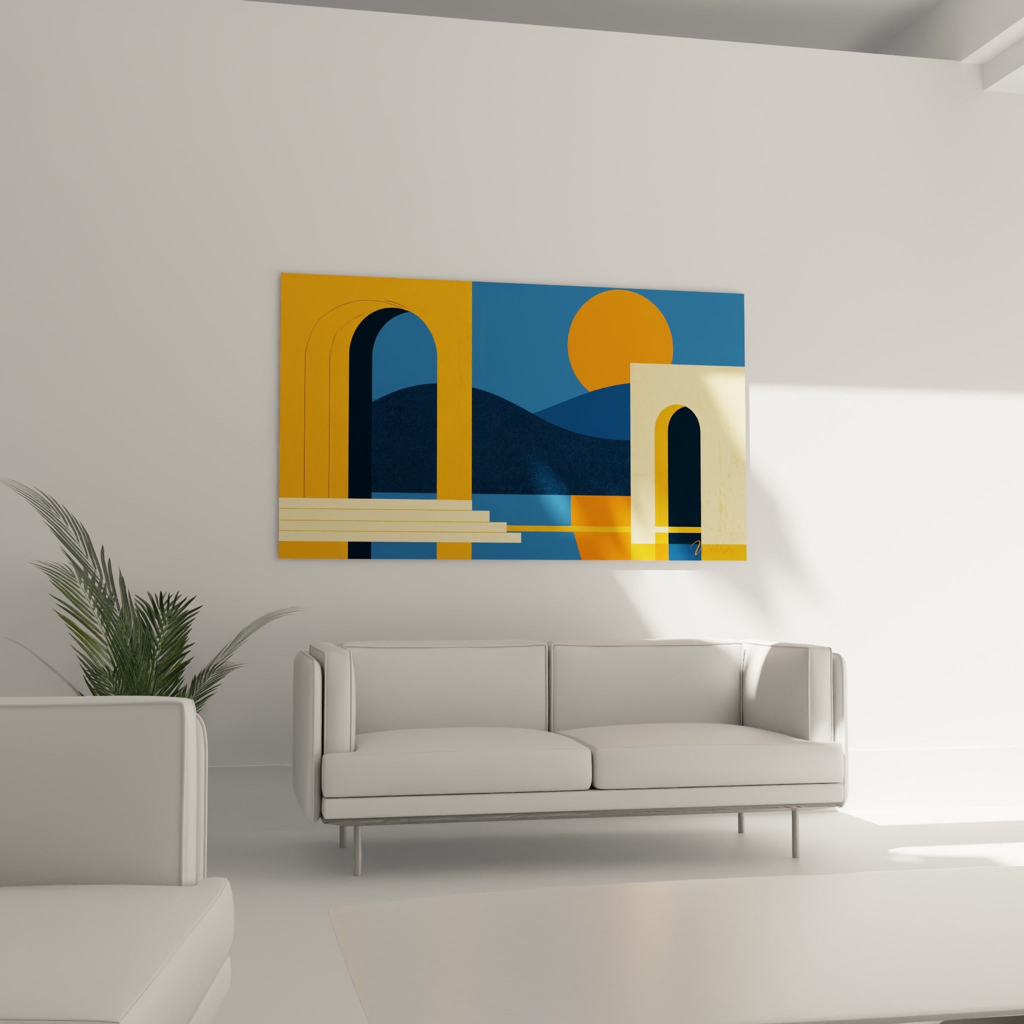 Collines bleu marine et soleil orange animent ce tableau architecture abstraite au-dessus d'un canapé dans un salon lumineux